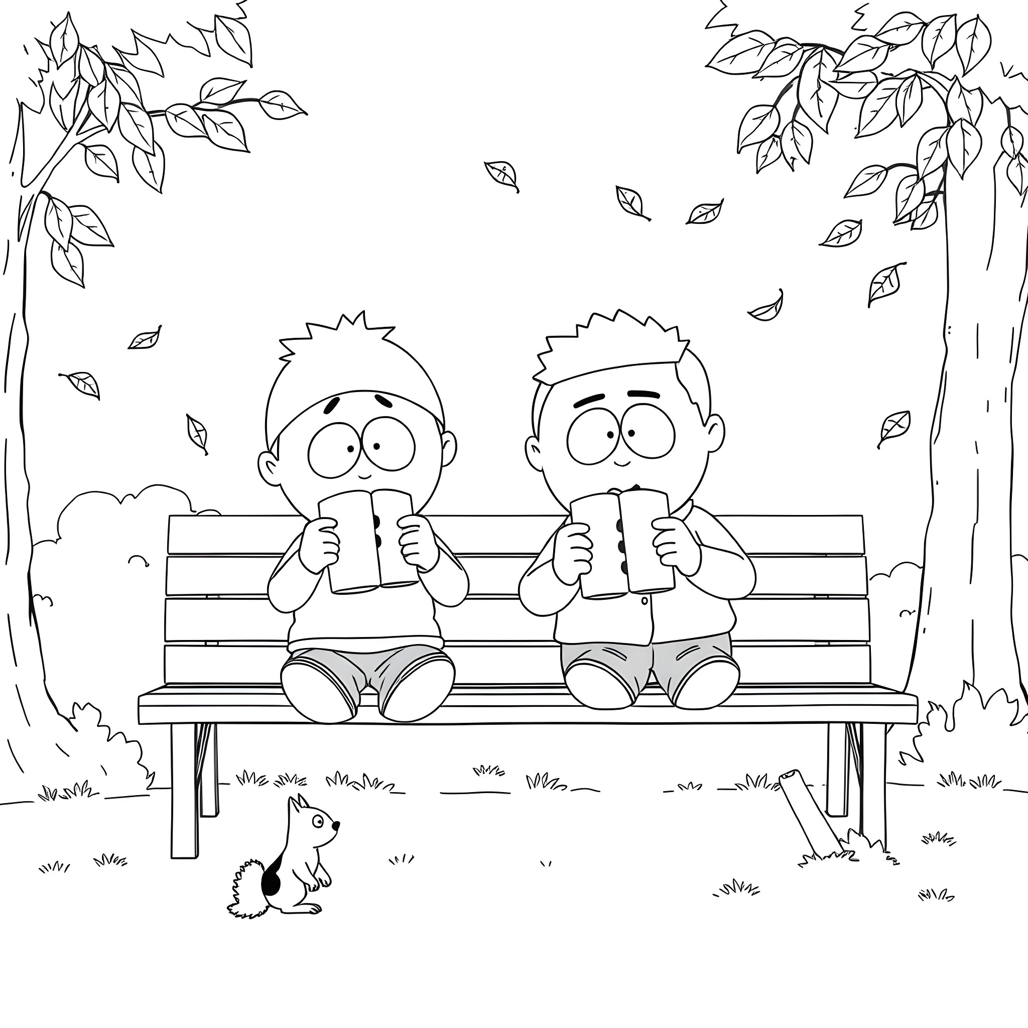 Timmy Turner and friend relaxing on a park bench Coloring Page (free black-and-white line drawing printable PDF for all, from beginners to advanced learners, including children, teens, adults, and seniors)