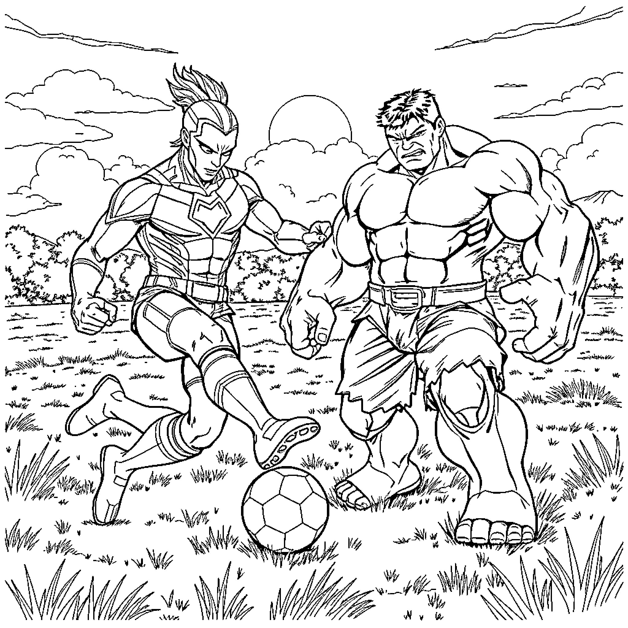 Ultraman heroes engaging in fierce competition Coloring Page (free black-and-white line drawing printable PDF for all, from beginners to advanced learners, including children, teens, adults, and seniors)