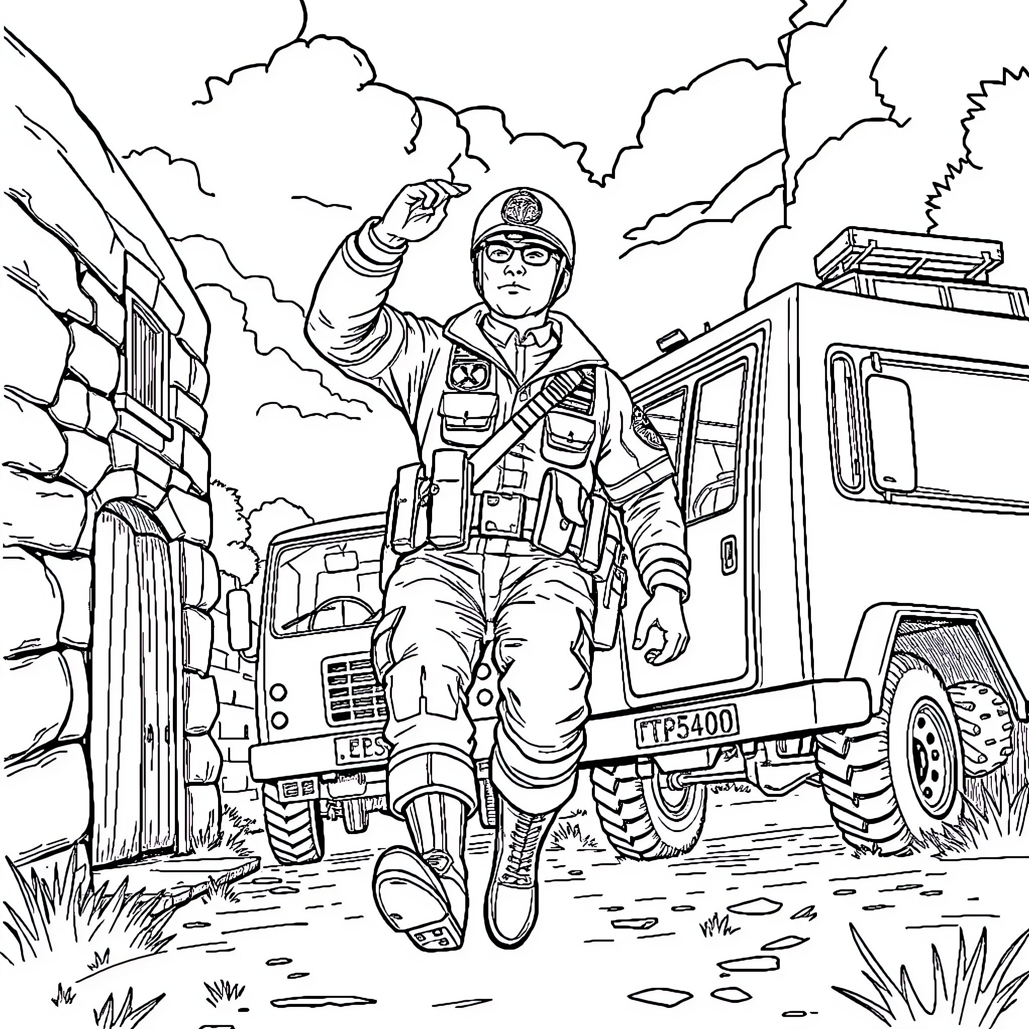 Sapeur-Pompier Heroically Responding to Emergency Situation Coloring Page (free black-and-white line drawing printable PDF for all, from beginners to advanced learners, including children, teens, adults, and seniors)