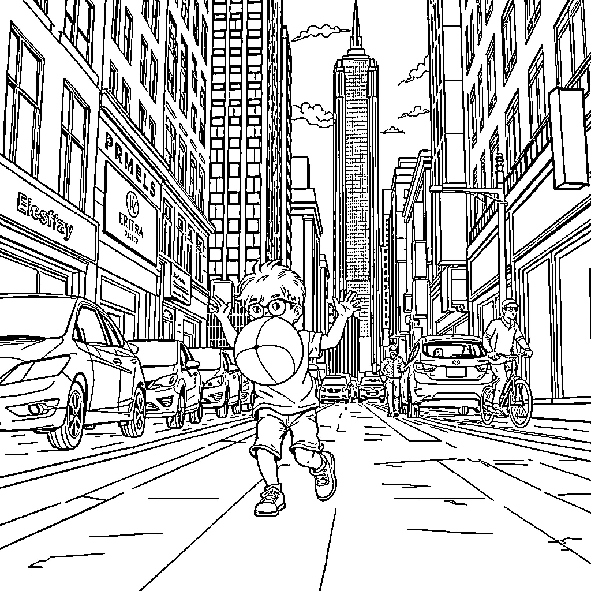 Child exploring bustling city streets Coloring Page (free black-and-white line drawing printable PDF for all, from beginners to advanced learners, including children, teens, adults, and seniors)
