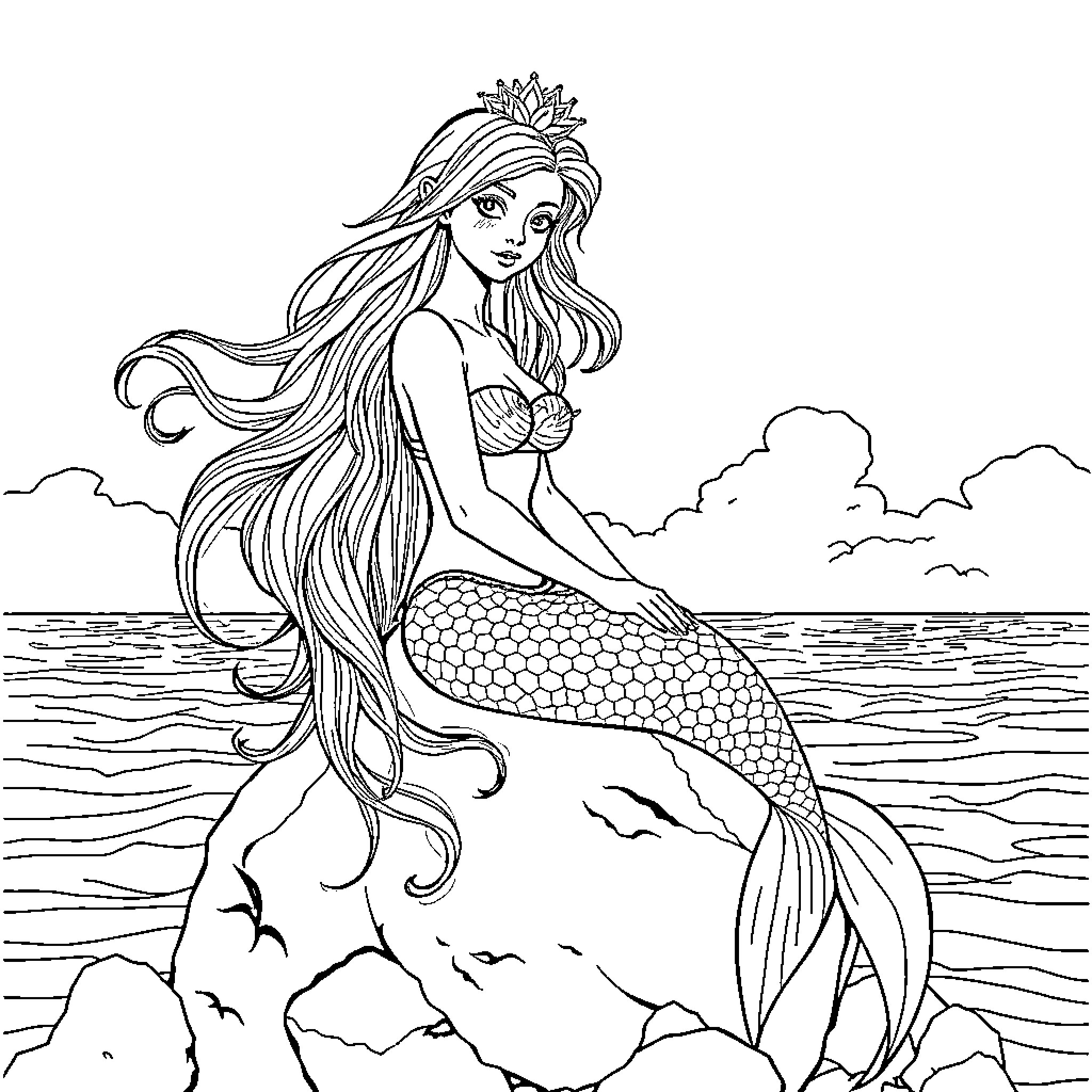 Mermaid with flowing hair in the sea Coloring Page (free black-and-white line drawing printable PDF for all, from beginners to advanced learners, including children, teens, adults, and seniors)