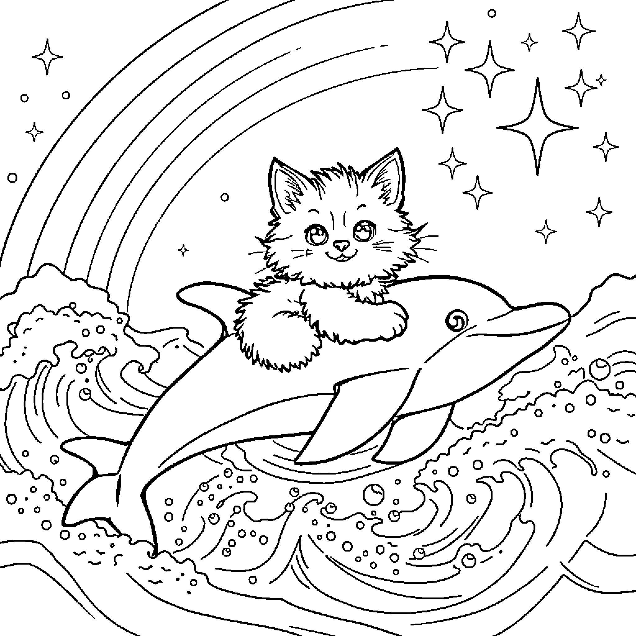 Cat riding on dolphin under starry night sky Coloring Page (free black-and-white line drawing printable PDF for all, from beginners to advanced learners, including children, teens, adults, and seniors)