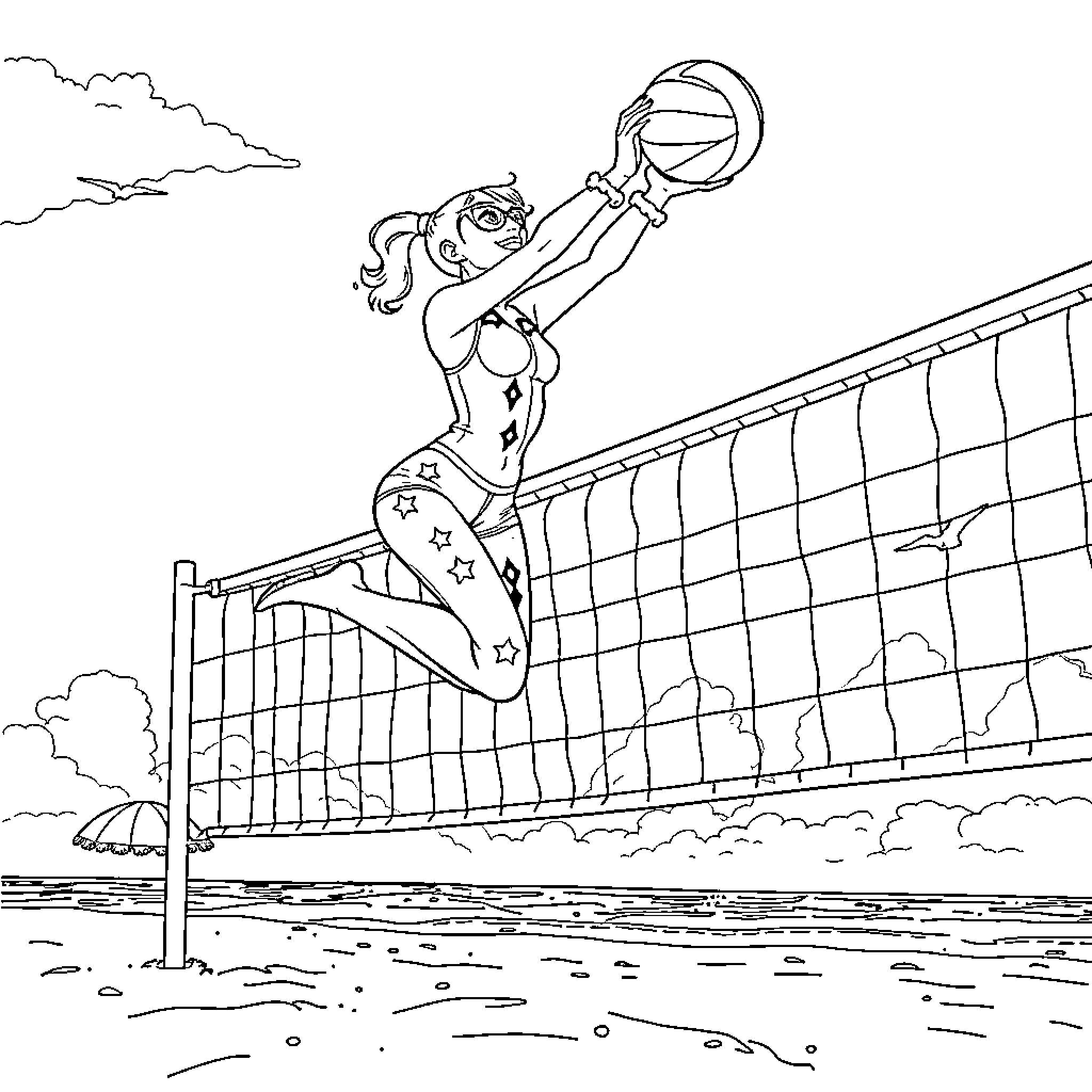 Harley Quinn playing volleyball on the beach Coloring Page (free black-and-white line drawing printable PDF for all, from beginners to advanced learners, including children, teens, adults, and seniors)