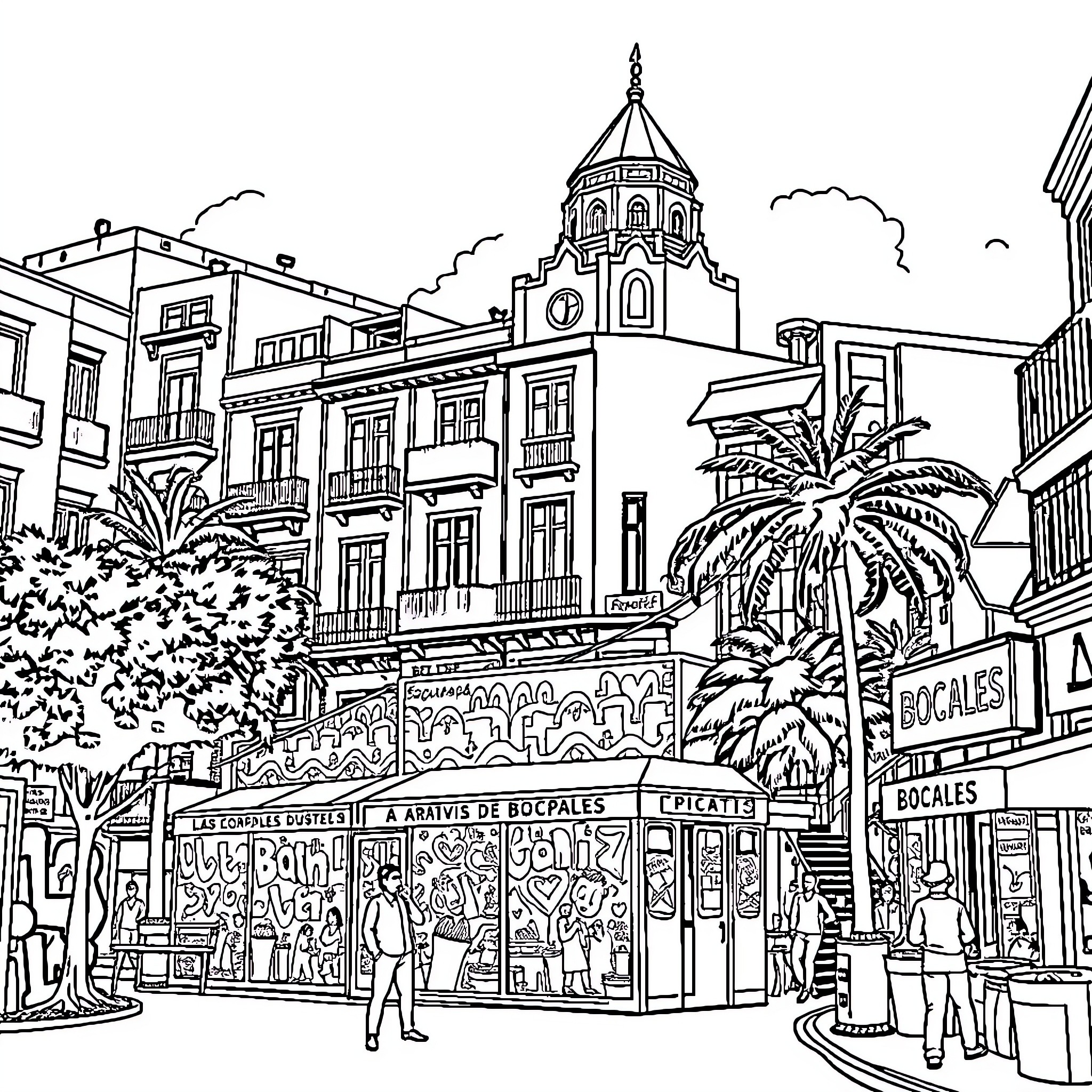 Bocales Street Scene with Architectural Landmarks Coloring Page (free black-and-white line drawing printable PDF for all, from beginners to advanced learners, including children, teens, adults, and seniors)
