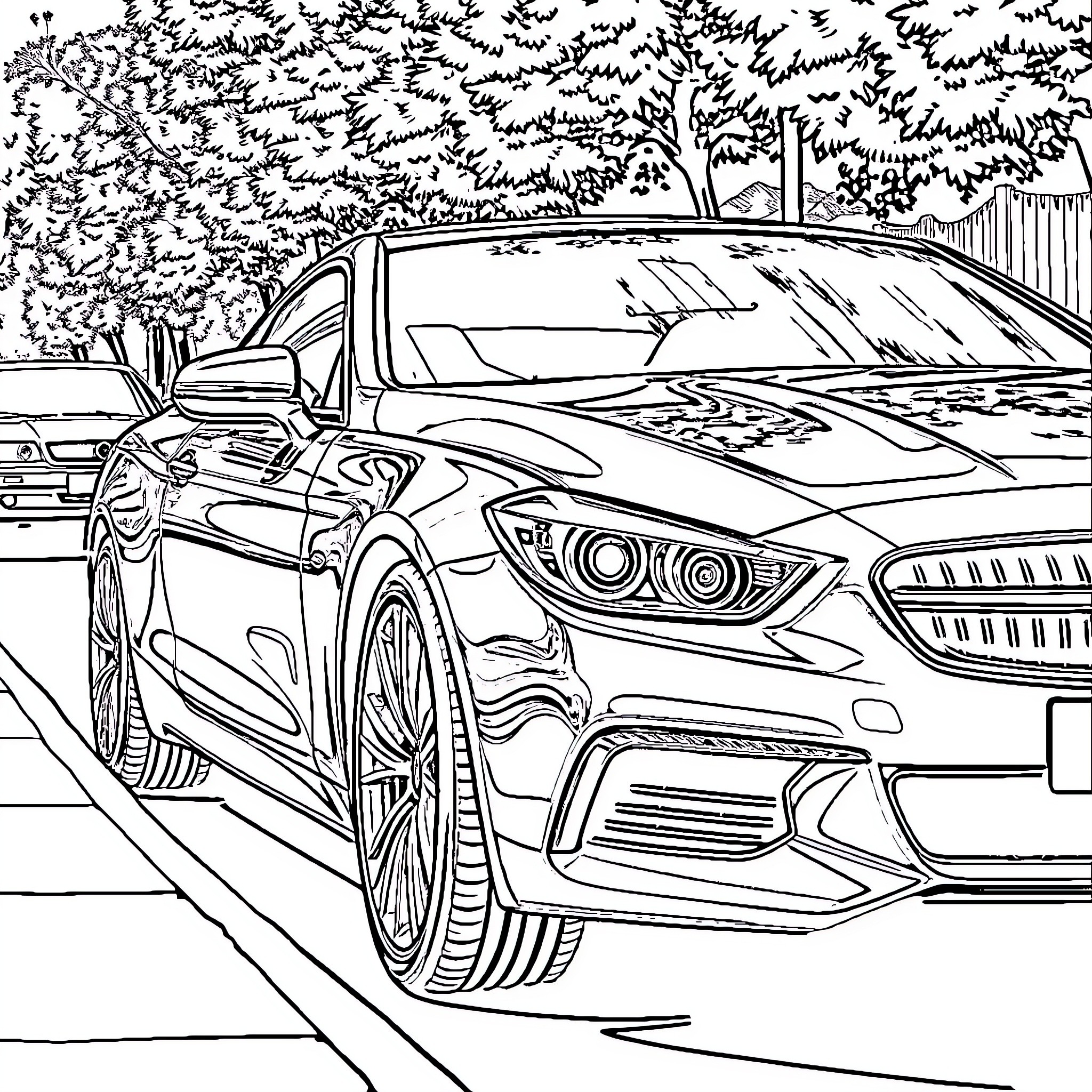 Car parked in scenic outdoor environment Coloring Page (free black-and-white line drawing printable PDF for all, from beginners to advanced learners, including children, teens, adults, and seniors)