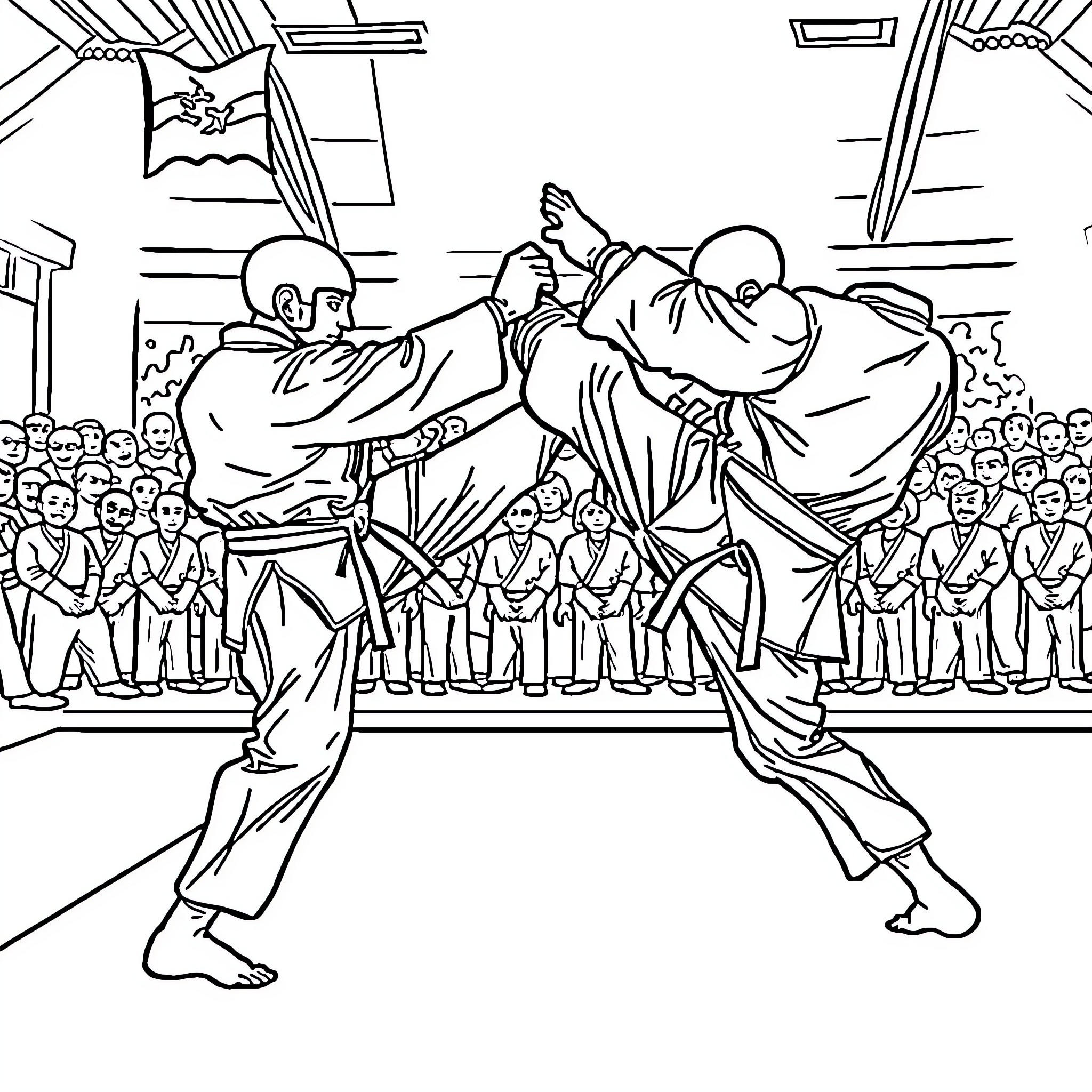 Taekwondo sparring match in a competition Coloring Page (free black-and-white line drawing printable PDF for all, from beginners to advanced learners, including children, teens, adults, and seniors)