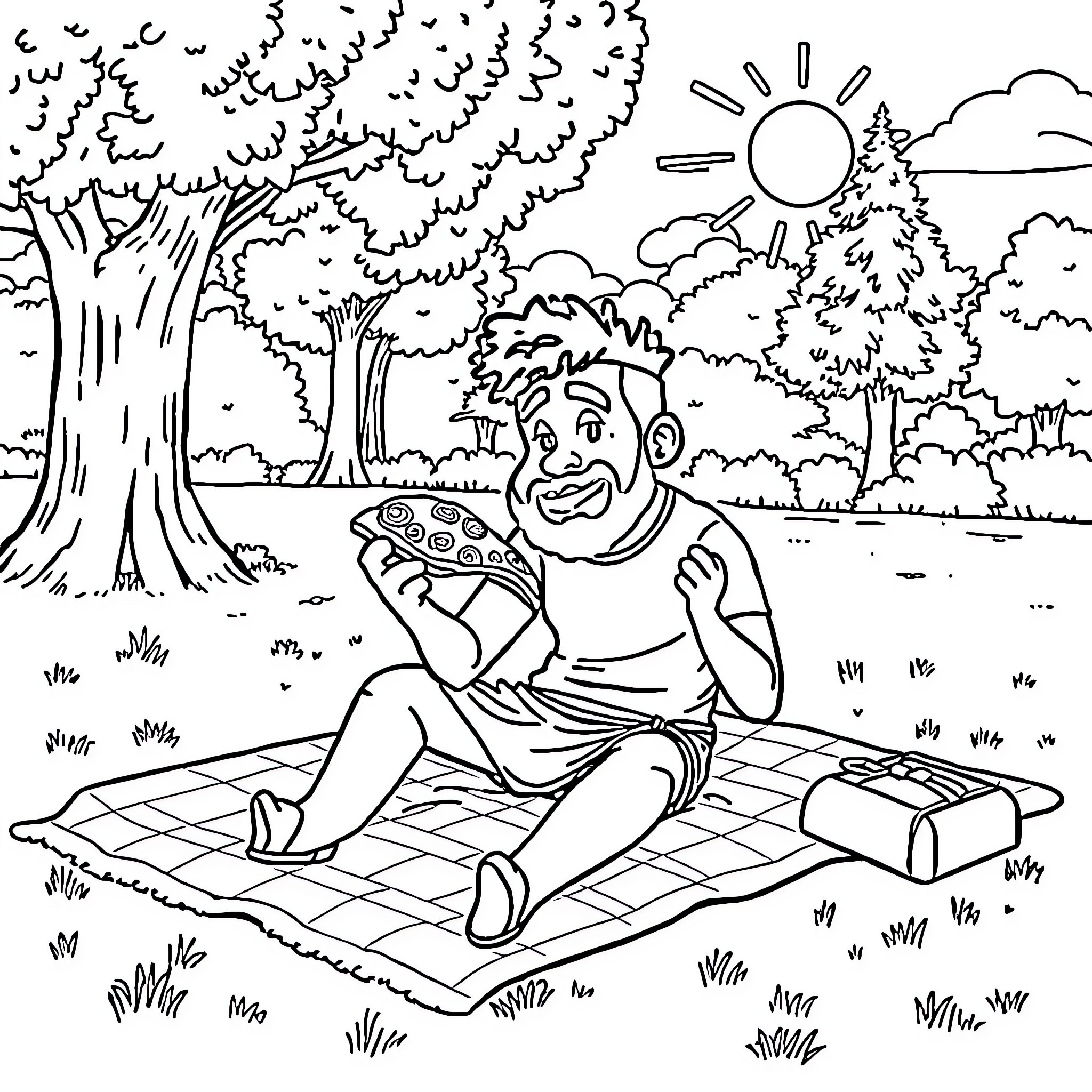Jey Uso enjoying a peaceful picnic in the park Coloring Page (free black-and-white line drawing printable PDF for all, from beginners to advanced learners, including children, teens, adults, and seniors)