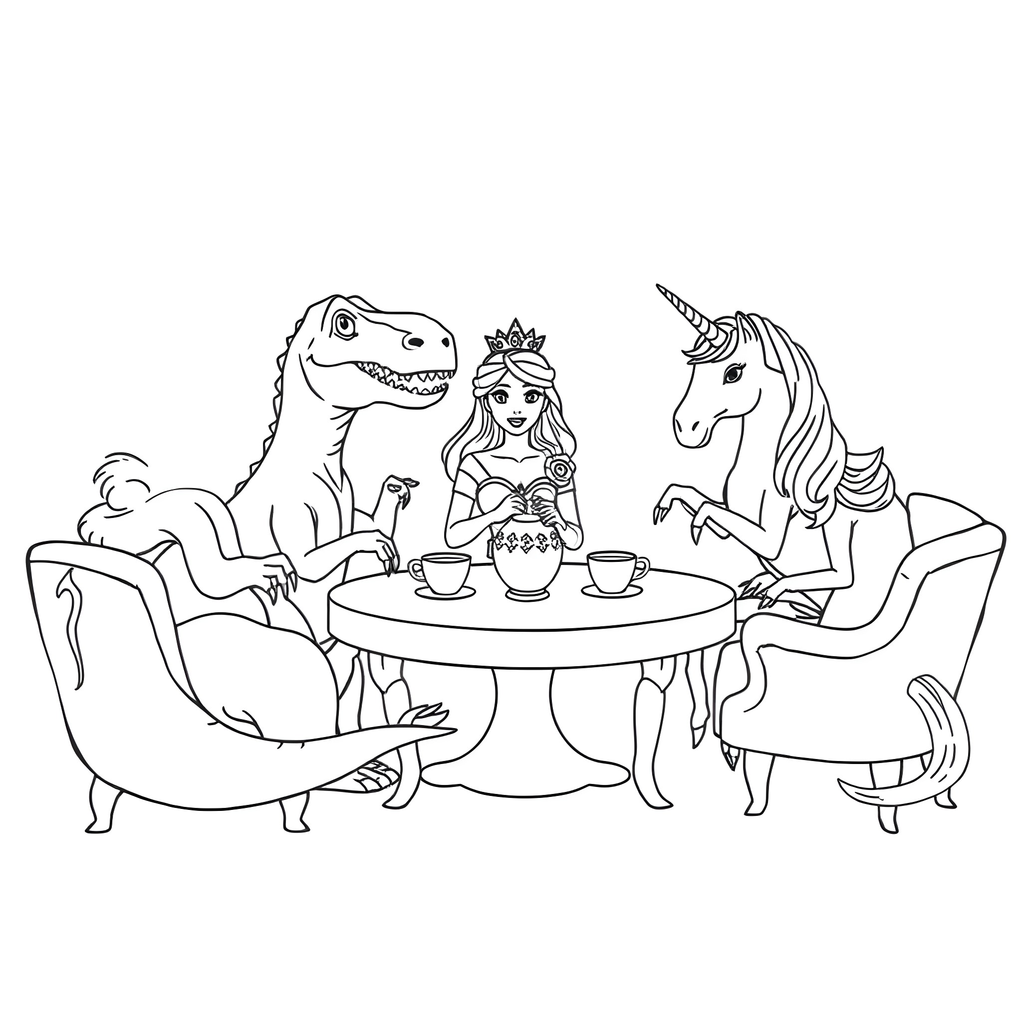 Dinosaur and unicorn having tea party with princess Coloring Page (free black-and-white line drawing printable PDF for all, from beginners to advanced learners, including children, teens, adults, and seniors)