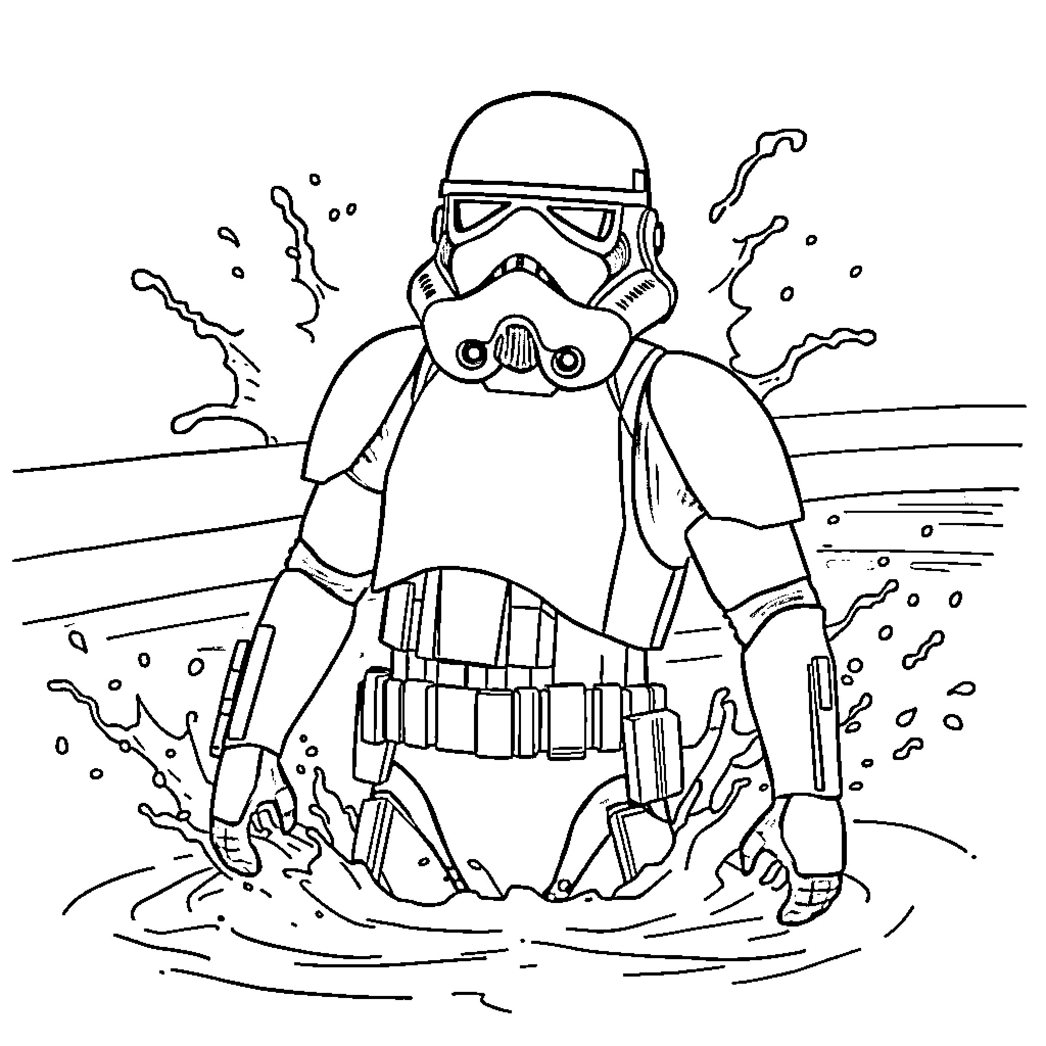 Stormtrooper trudging through muddy terrain Coloring Page (free black-and-white line drawing printable PDF for all, from beginners to advanced learners, including children, teens, adults, and seniors)