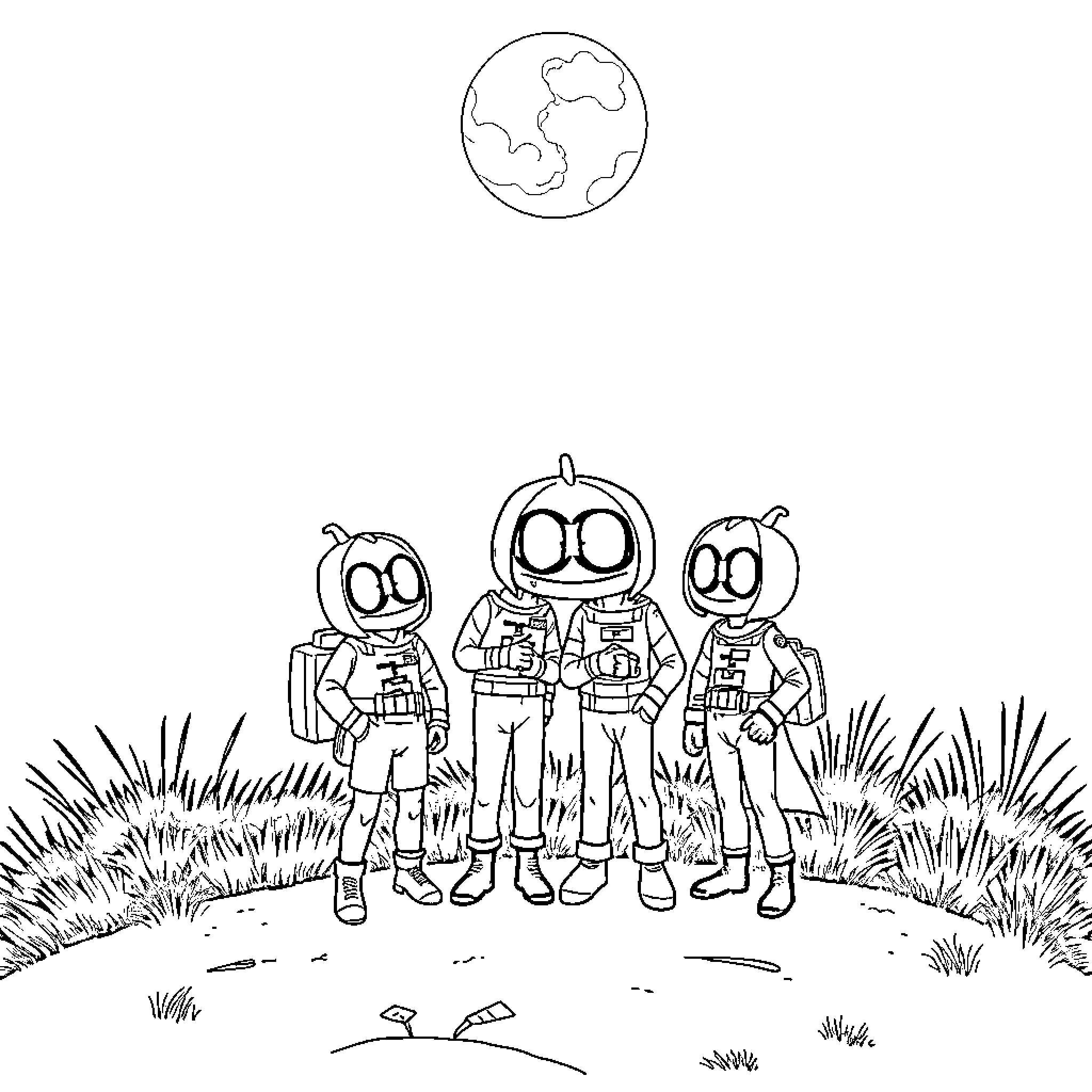 BT21 characters exploring the outdoors together Coloring Page (free black-and-white line drawing printable PDF for all, from beginners to advanced learners, including children, teens, adults, and seniors)