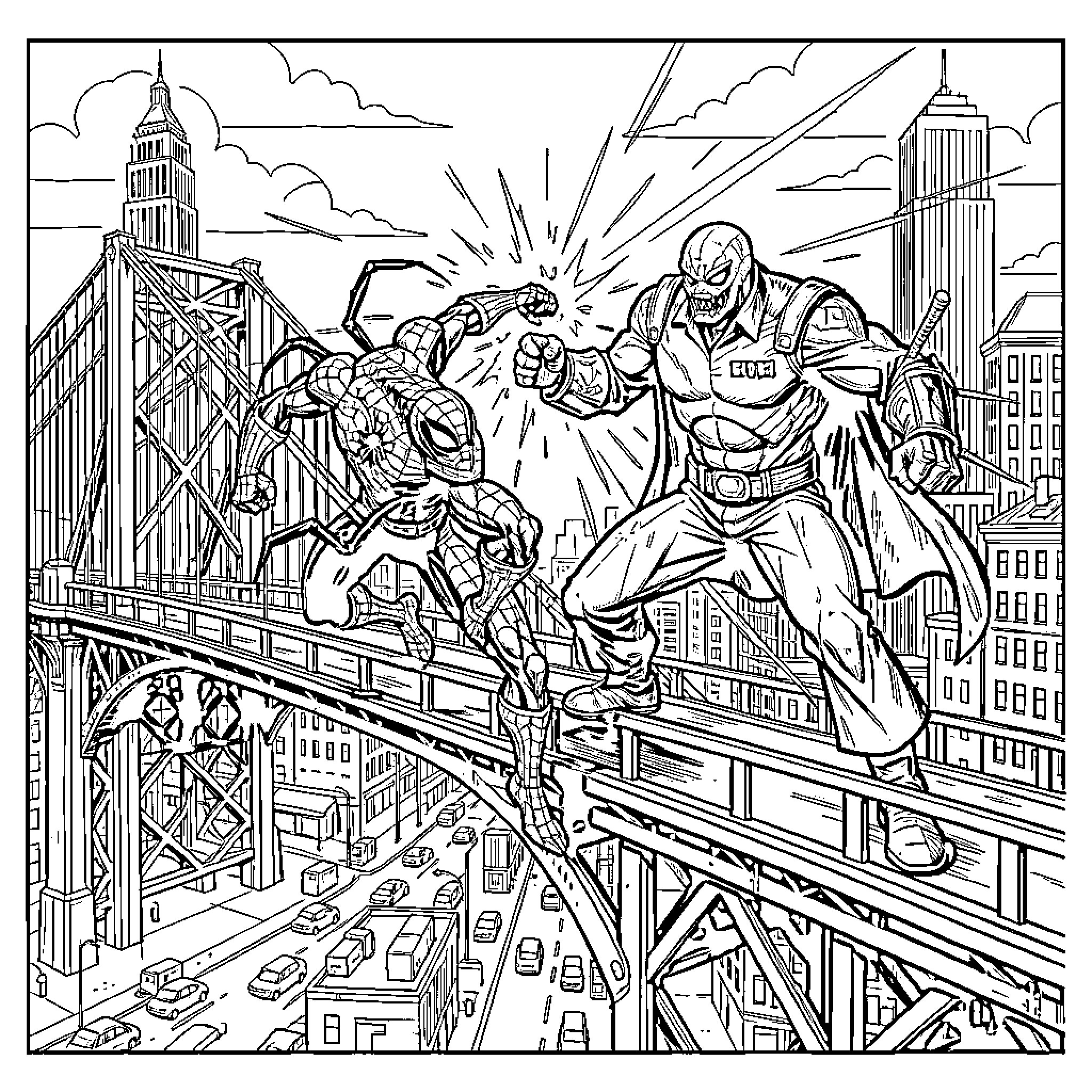 Iron Spider battling a powerful villain on a bridge Coloring Page (free black-and-white line drawing printable PDF for all, from beginners to advanced learners, including children, teens, adults, and seniors)