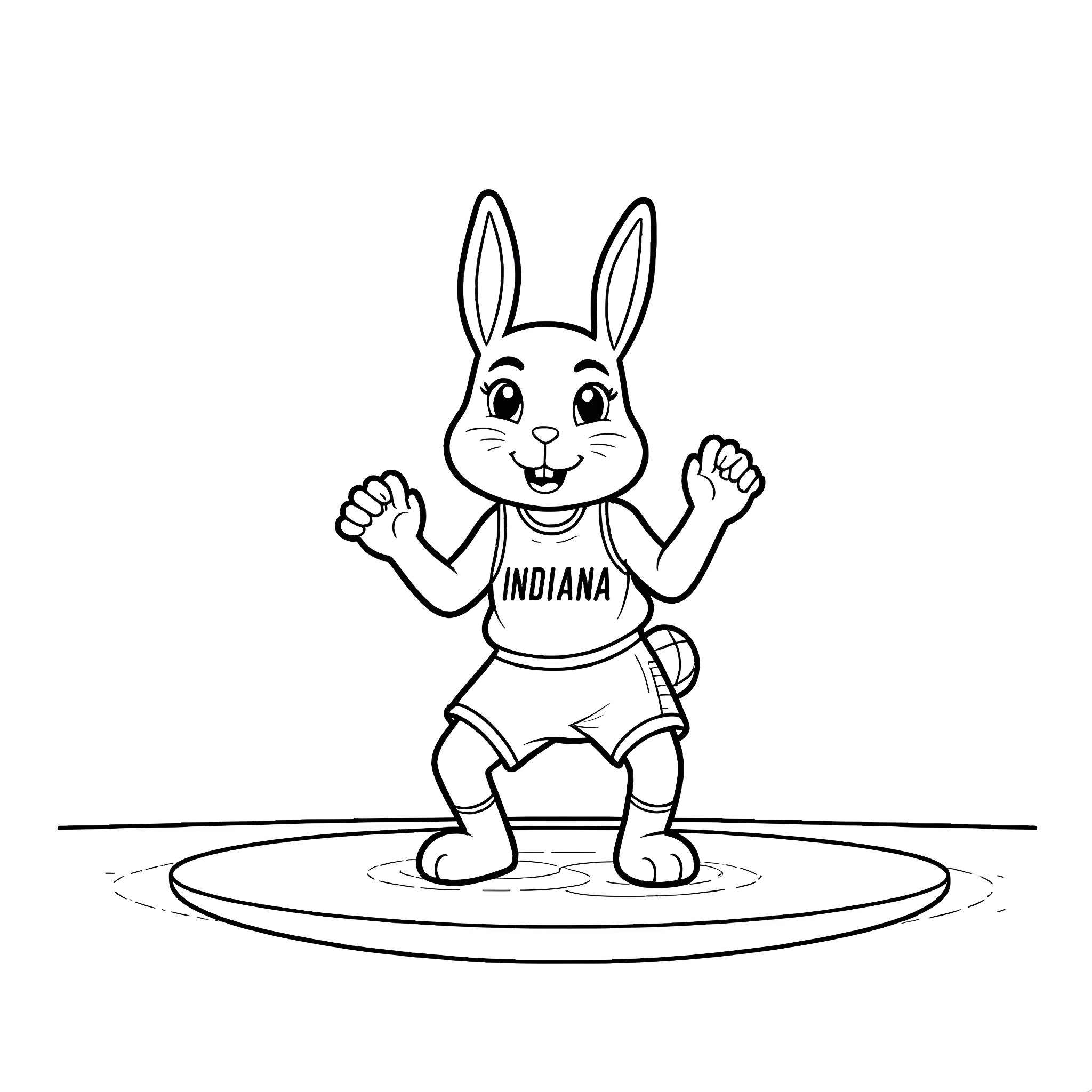 Bunny cheering on the basketball court Coloring Page (free black-and-white line drawing printable PDF for all, from beginners to advanced learners, including children, teens, adults, and seniors)