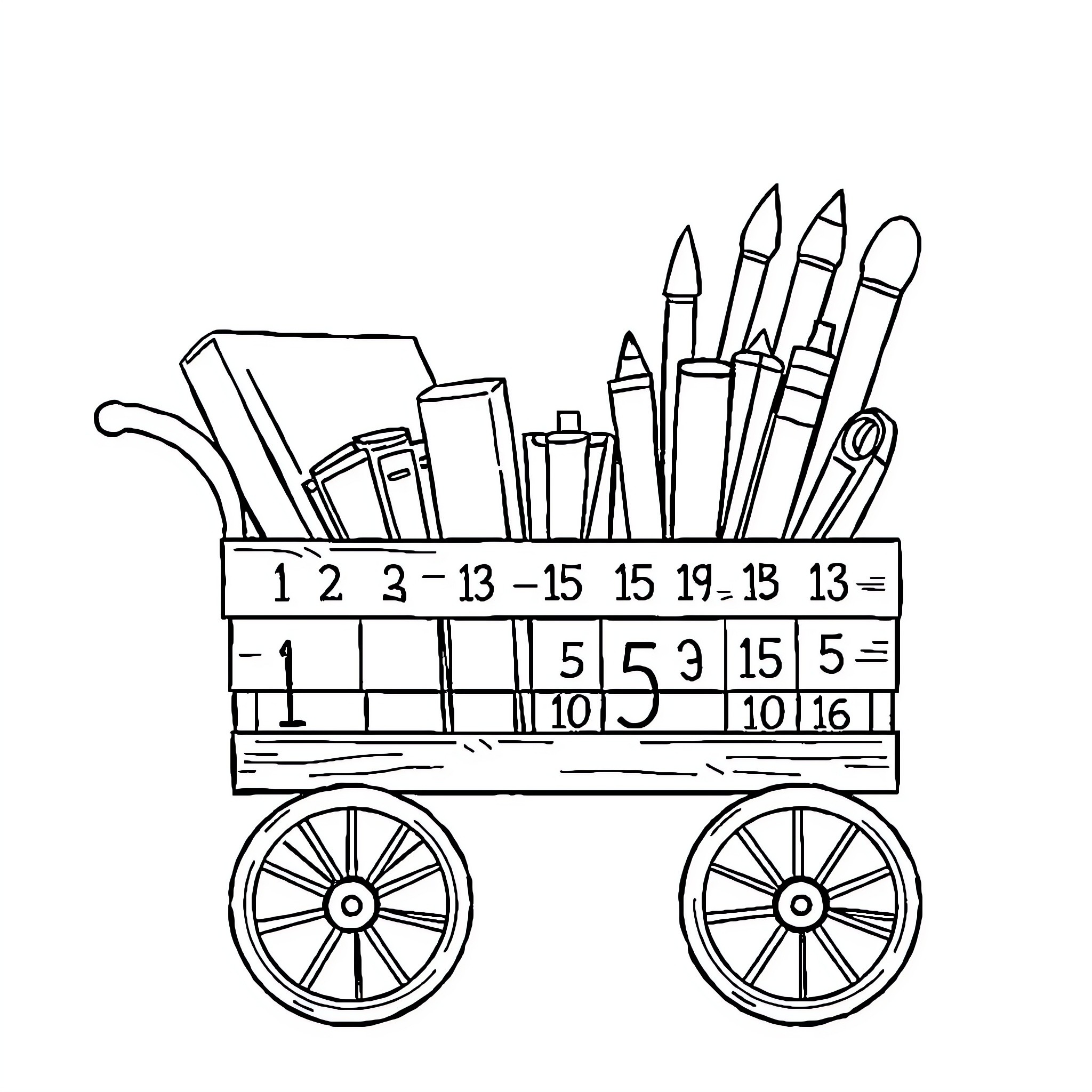School Bag Filled with Educational Supplies on Wheels Coloring Page (free black-and-white line drawing printable PDF for all, from beginners to advanced learners, including children, teens, adults, and seniors)