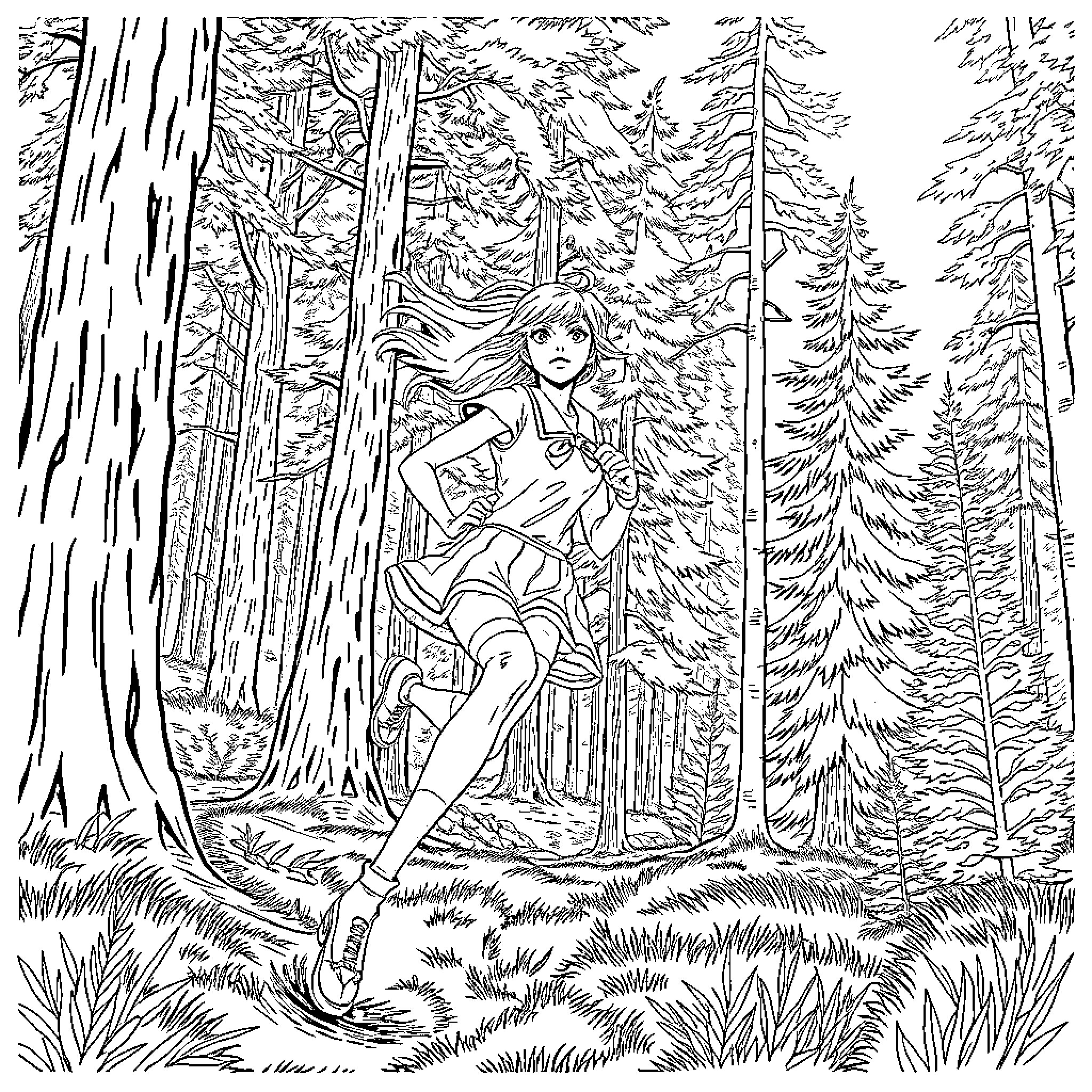 Woman exploring a magical forest scene Coloring Page (free black-and-white line drawing printable PDF for all, from beginners to advanced learners, including children, teens, adults, and seniors)