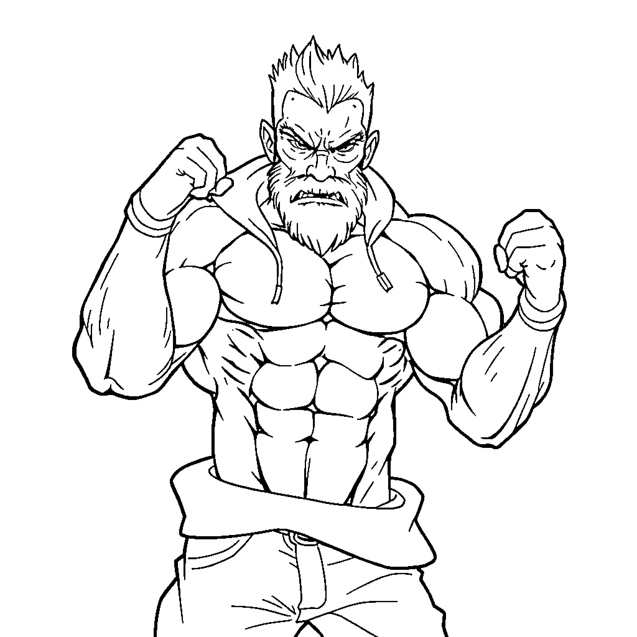 Frigodo Muscular Warrior Flexing in Combat Stance Coloring Page (free black-and-white line drawing printable PDF for all, from beginners to advanced learners, including children, teens, adults, and seniors)
