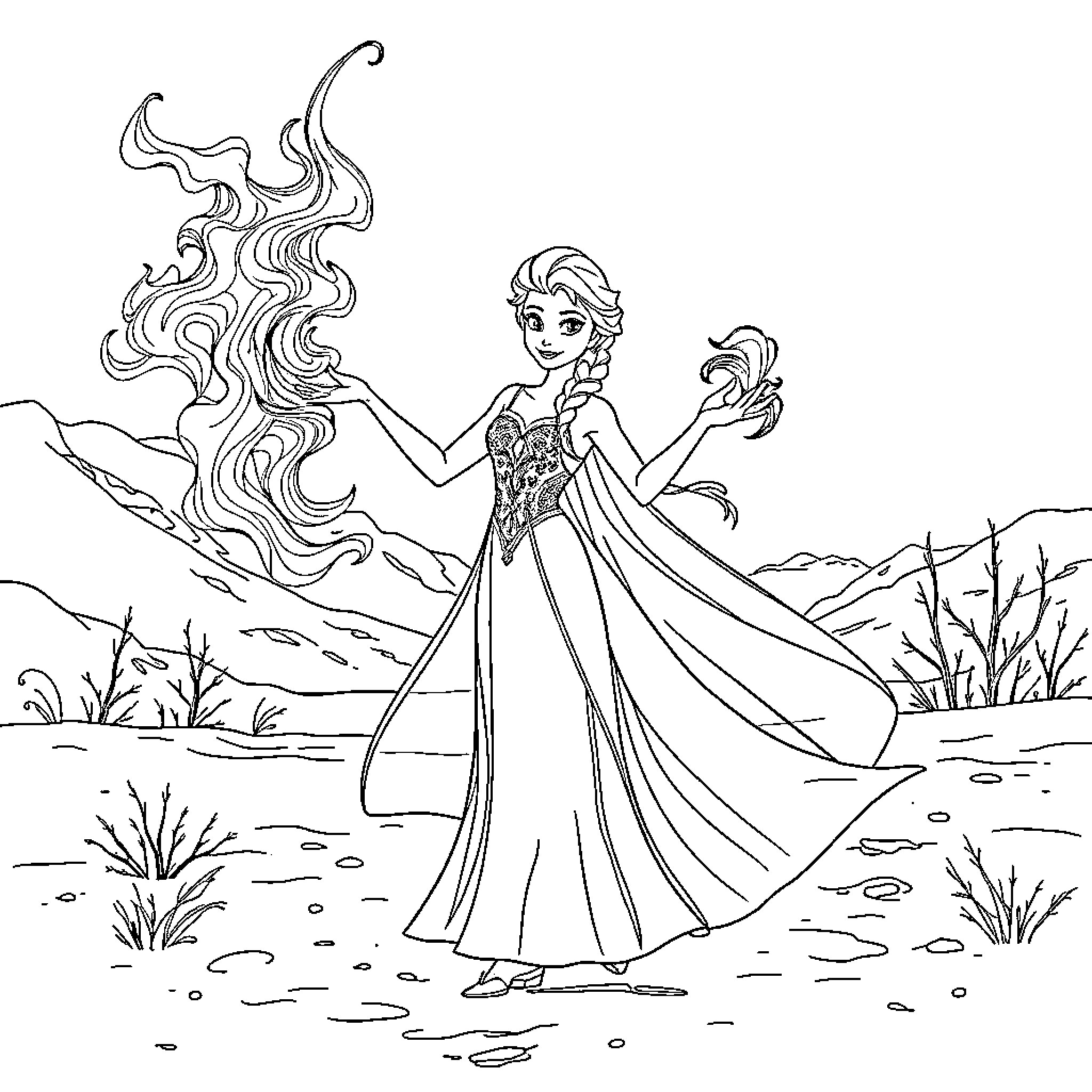 Elsa's Icy Enchantment in the Enchanted Landscape Coloring Page (free black-and-white line drawing printable PDF for all, from beginners to advanced learners, including children, teens, adults, and seniors)