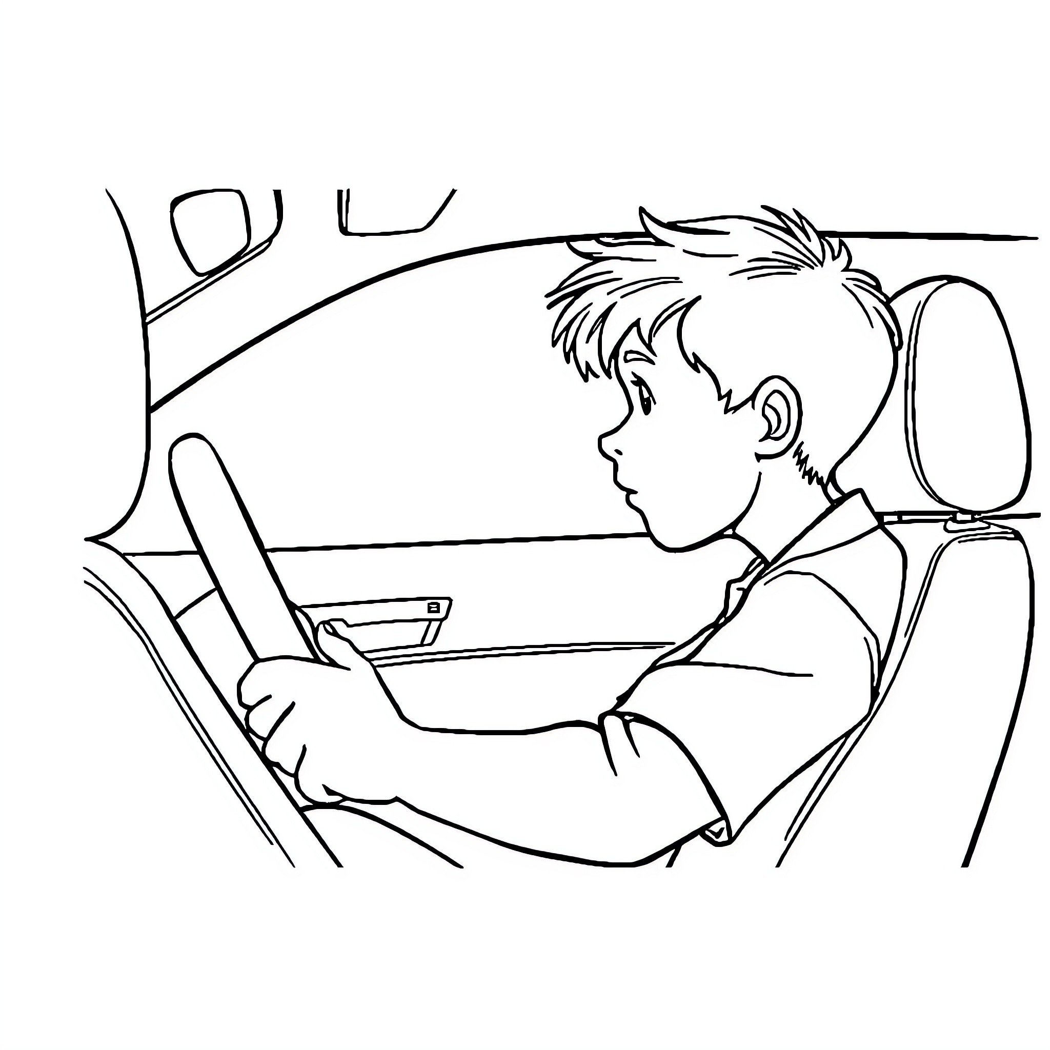 Boy driving his vehicle on the road Coloring Page (free black-and-white line drawing printable PDF for all, from beginners to advanced learners, including children, teens, adults, and seniors)
