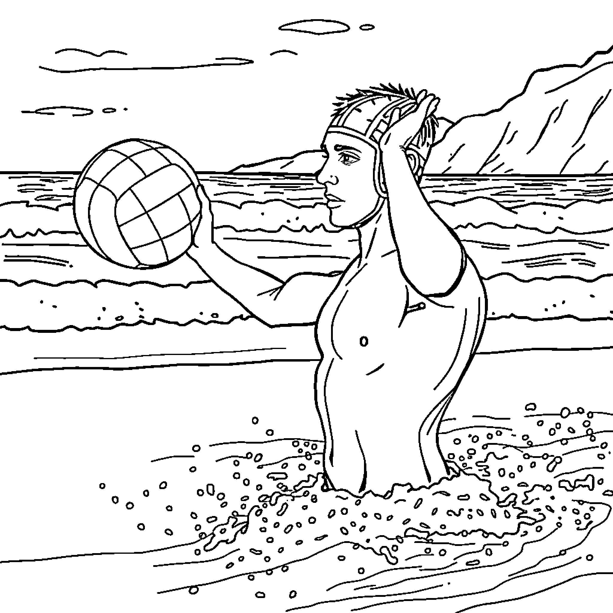 Water Polo Player Competing in the Waves Coloring Page (free black-and-white line drawing printable PDF for all, from beginners to advanced learners, including children, teens, adults, and seniors)