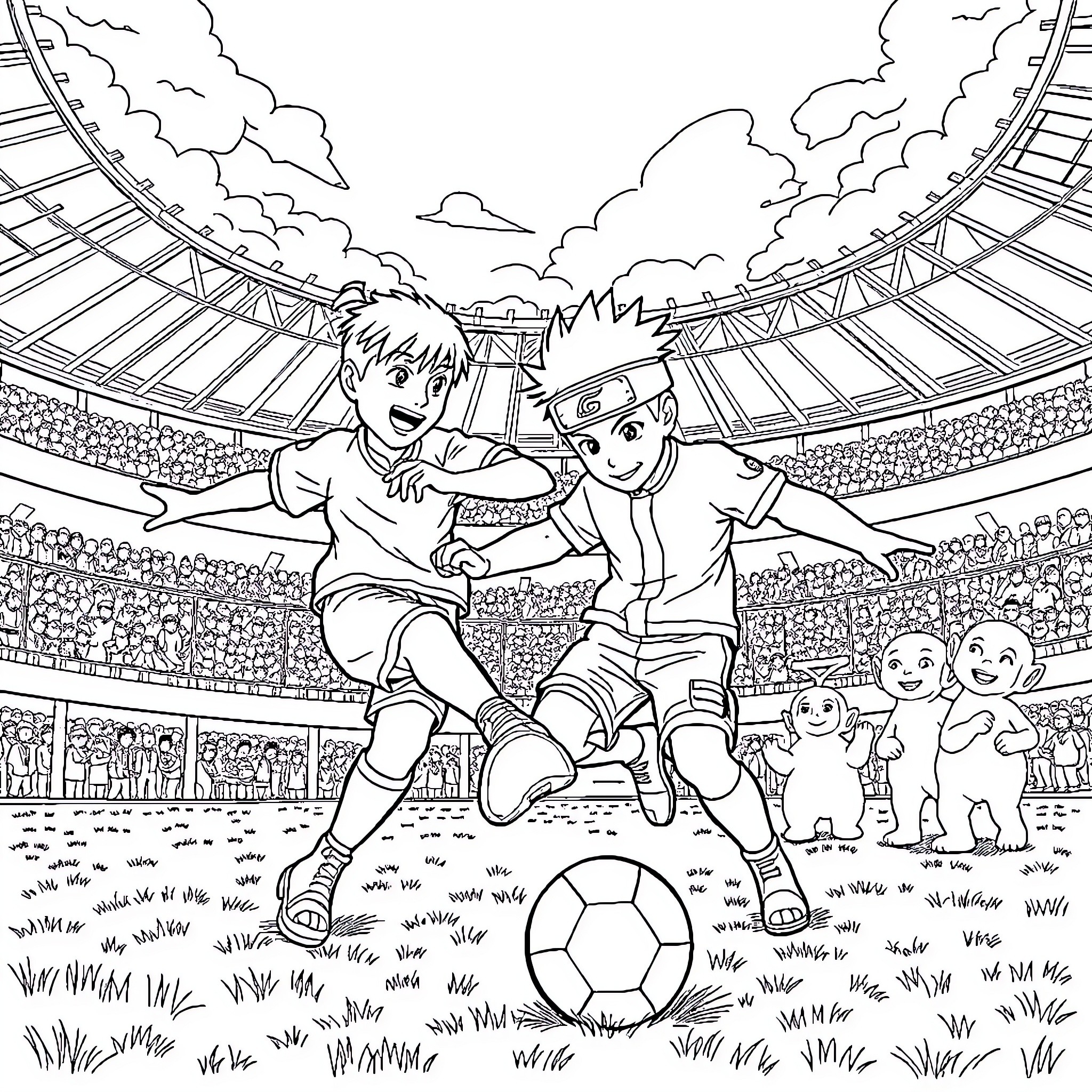 Goku and Naruto playing soccer in a stadium Coloring Page (free black-and-white line drawing printable PDF for all, from beginners to advanced learners, including children, teens, adults, and seniors)