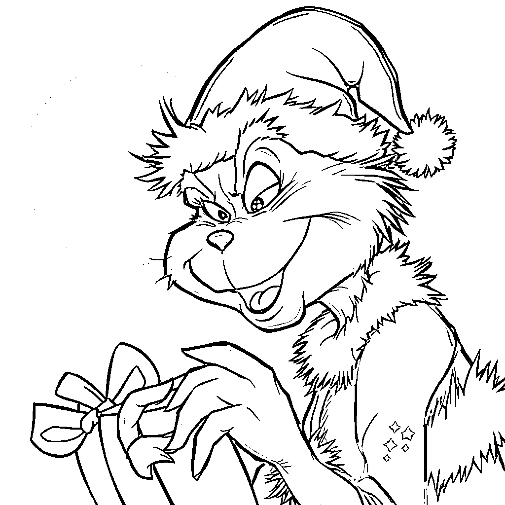 Grinch's Mischievous Antics with a Gift Coloring Page (free black-and-white line drawing printable PDF for all, from beginners to advanced learners, including children, teens, adults, and seniors)