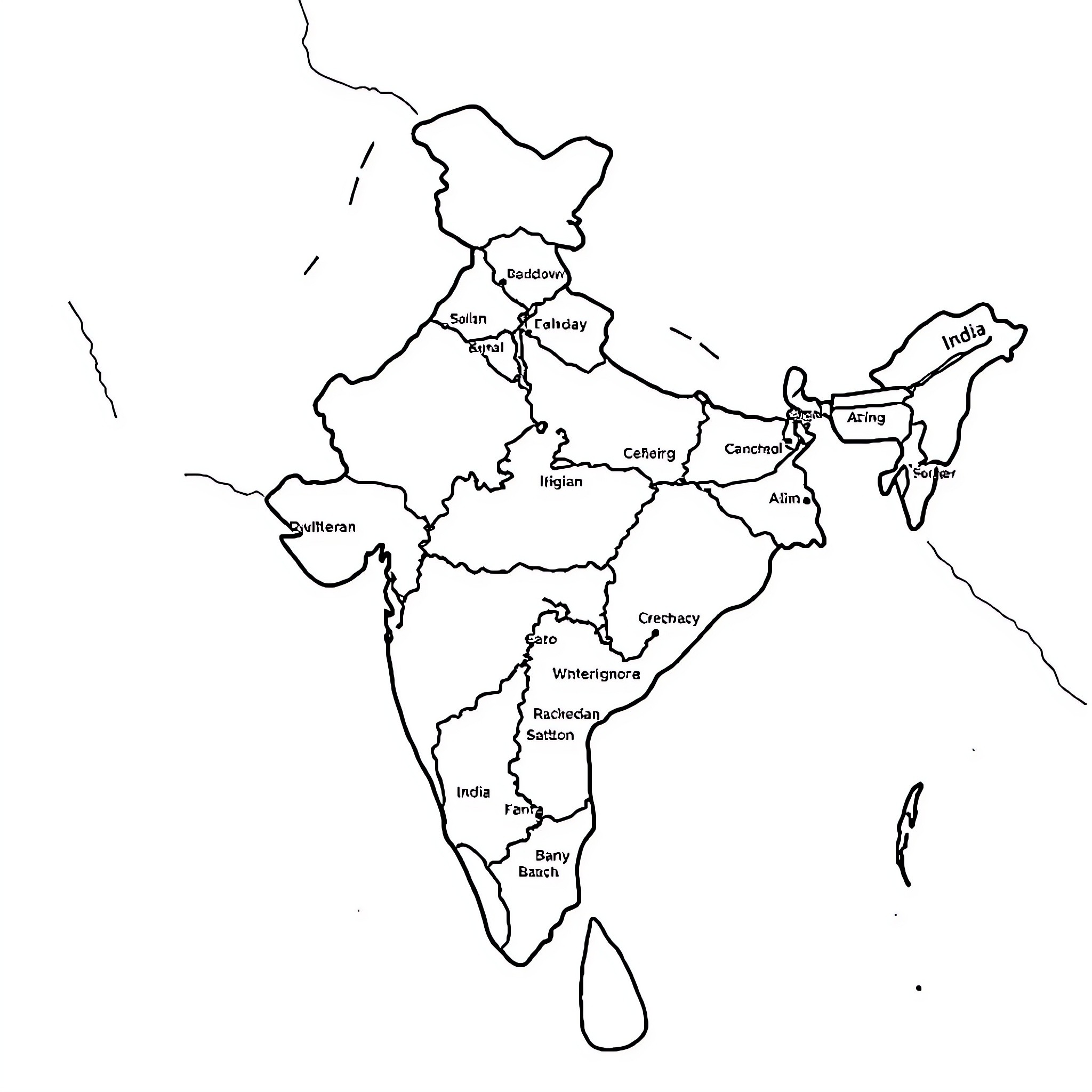 Map of states and regions in India Coloring Page (free black-and-white line drawing printable PDF for all, from beginners to advanced learners, including children, teens, adults, and seniors)