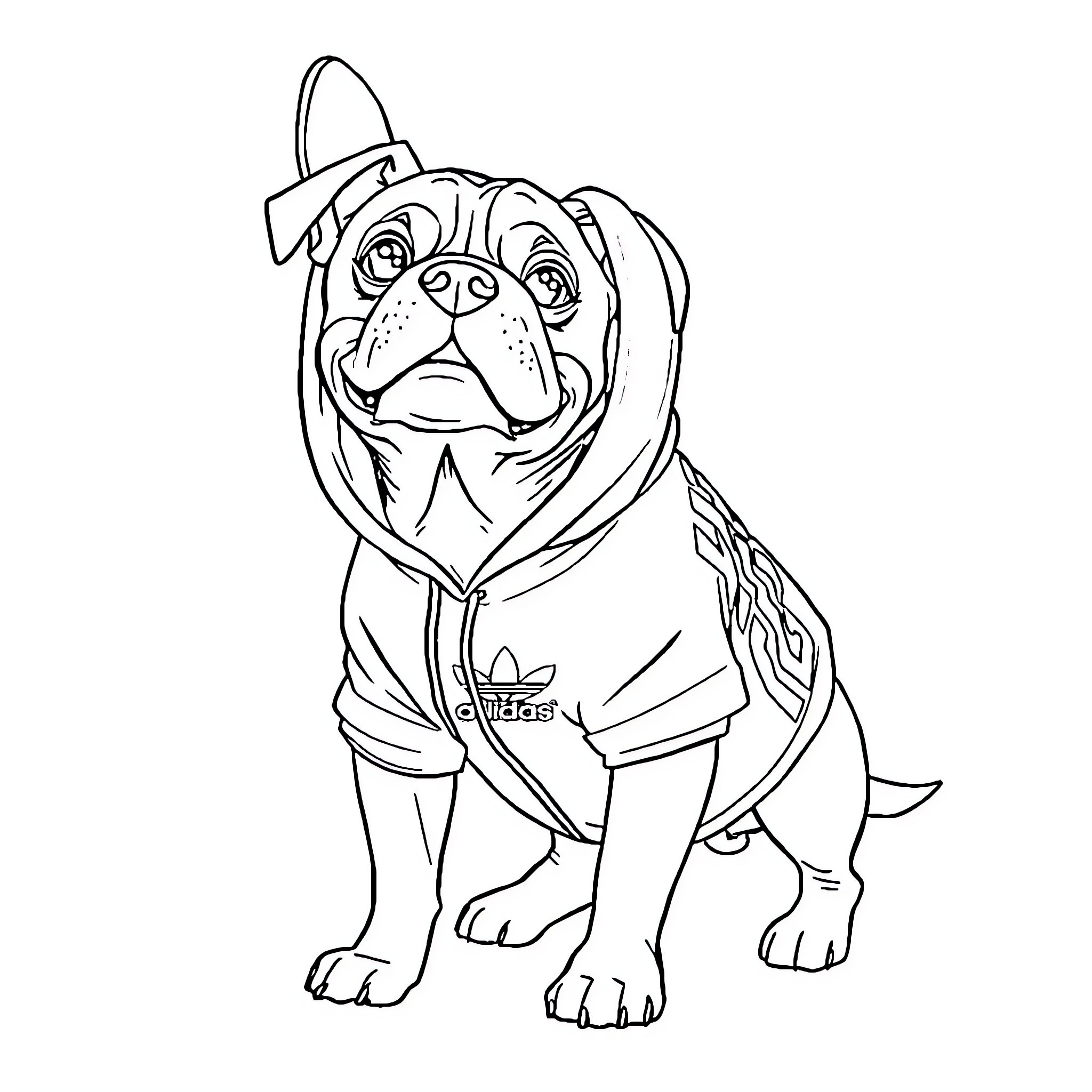 Dog wearing Adidas outfit Coloring Page (free black-and-white line drawing printable PDF for all, from beginners to advanced learners, including children, teens, adults, and seniors)