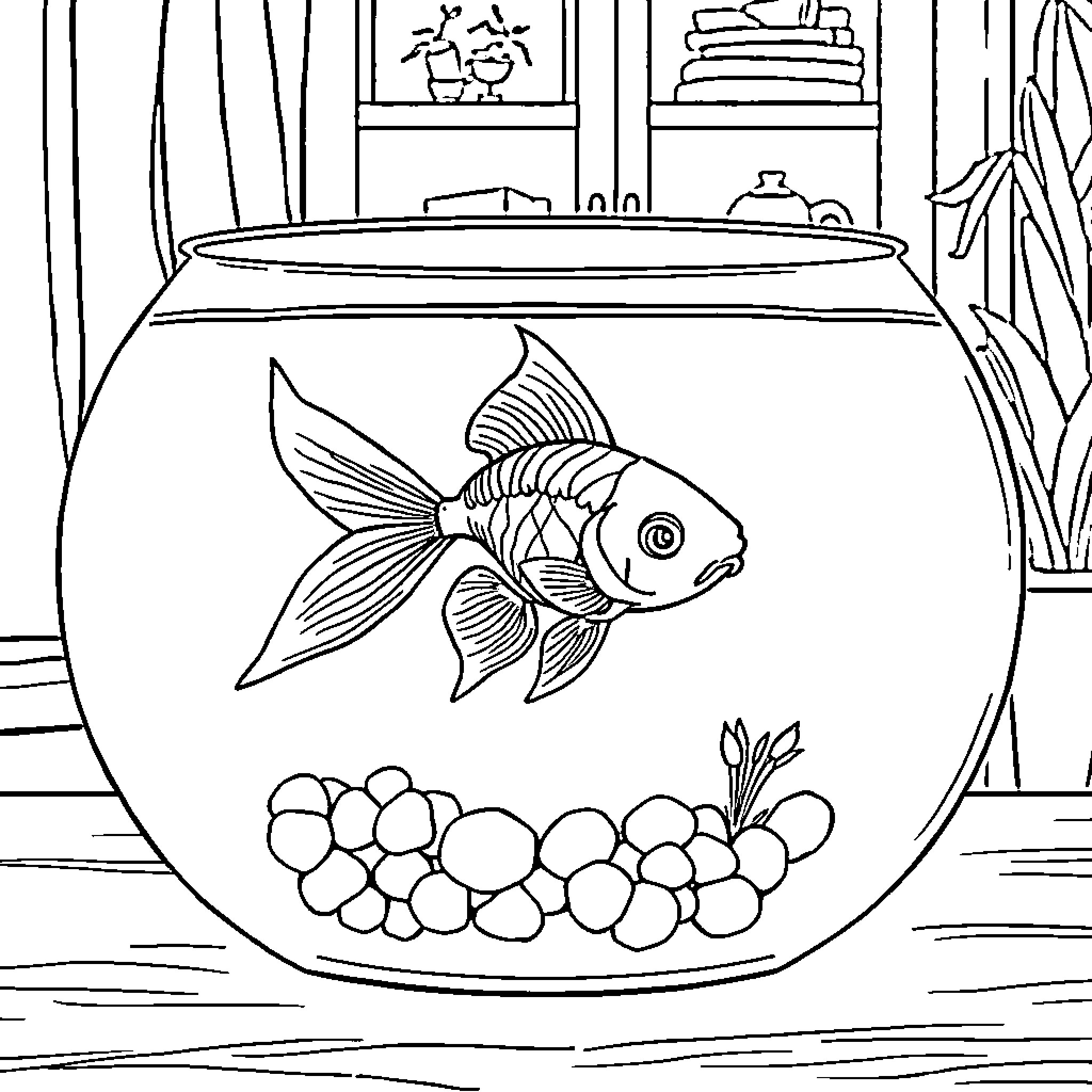 Goldfish swimming in a colorful aquarium Coloring Page (free black-and-white line drawing printable PDF for all, from beginners to advanced learners, including children, teens, adults, and seniors)