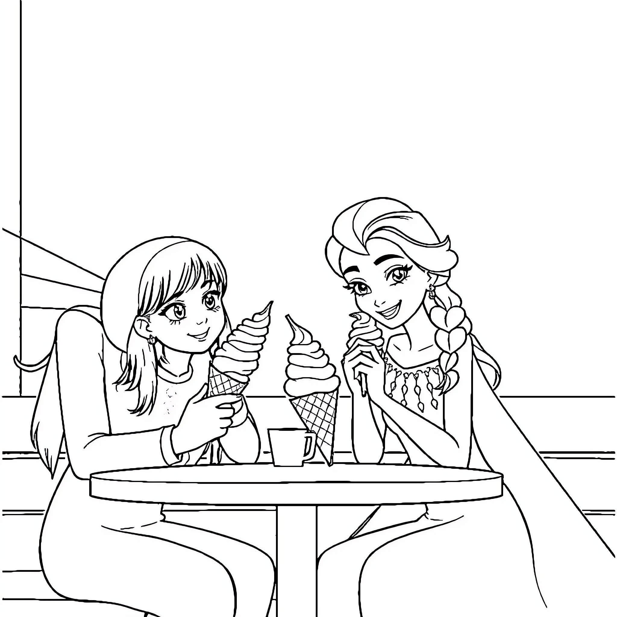 Kanae and Elsa enjoy ice cream together Coloring Page (free black-and-white line drawing printable PDF for all, from beginners to advanced learners, including children, teens, adults, and seniors)