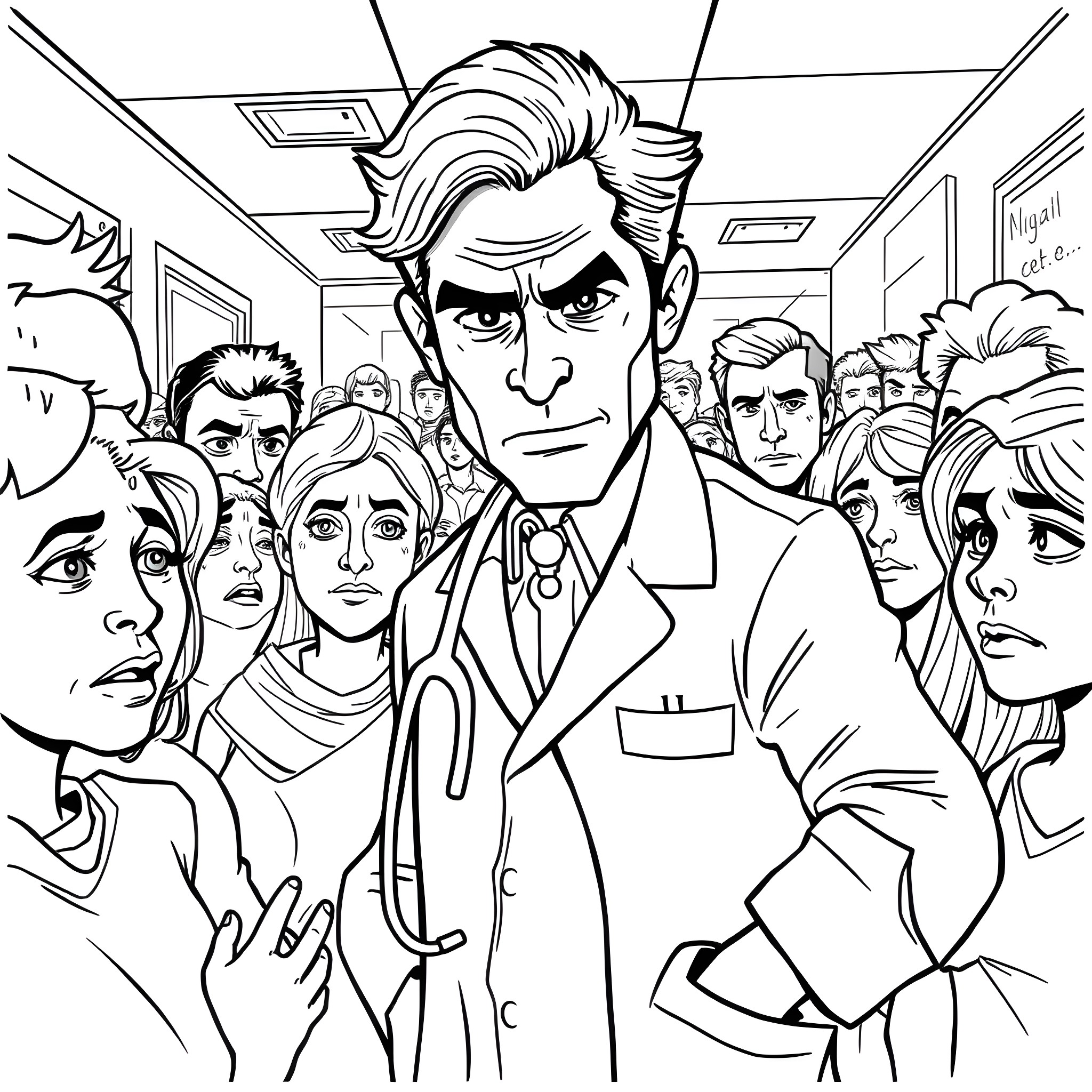 Doctor Surrounded by Concerned Patients in Medical Clinic Coloring Page (free black-and-white line drawing printable PDF for all, from beginners to advanced learners, including children, teens, adults, and seniors)