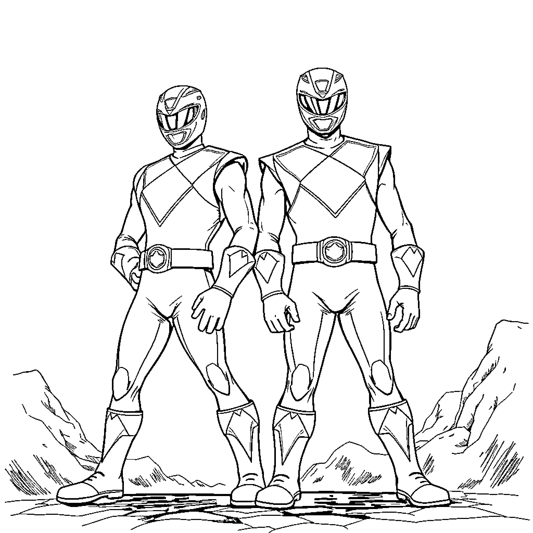 Power Rangers Heroic Duo in Dramatic Stance Coloring Page (free black-and-white line drawing printable PDF for all, from beginners to advanced learners, including children, teens, adults, and seniors)