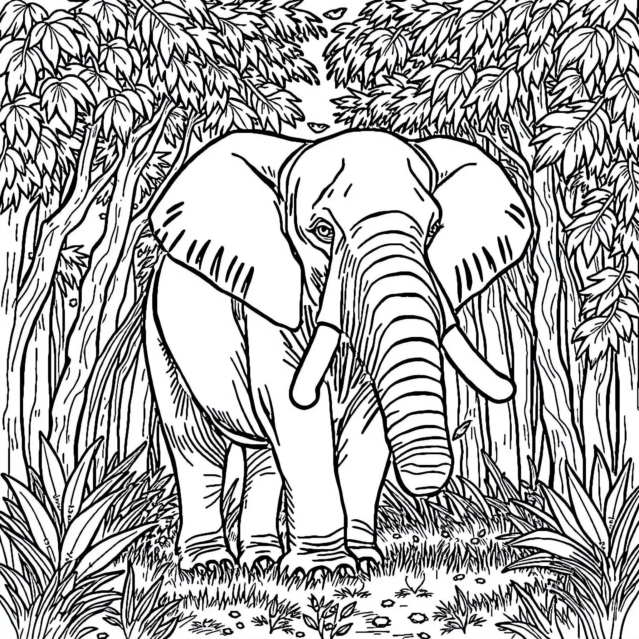 Elephant in the Lush Jungle Foliage Coloring Page (free black-and-white line drawing printable PDF for all, from beginners to advanced learners, including children, teens, adults, and seniors)