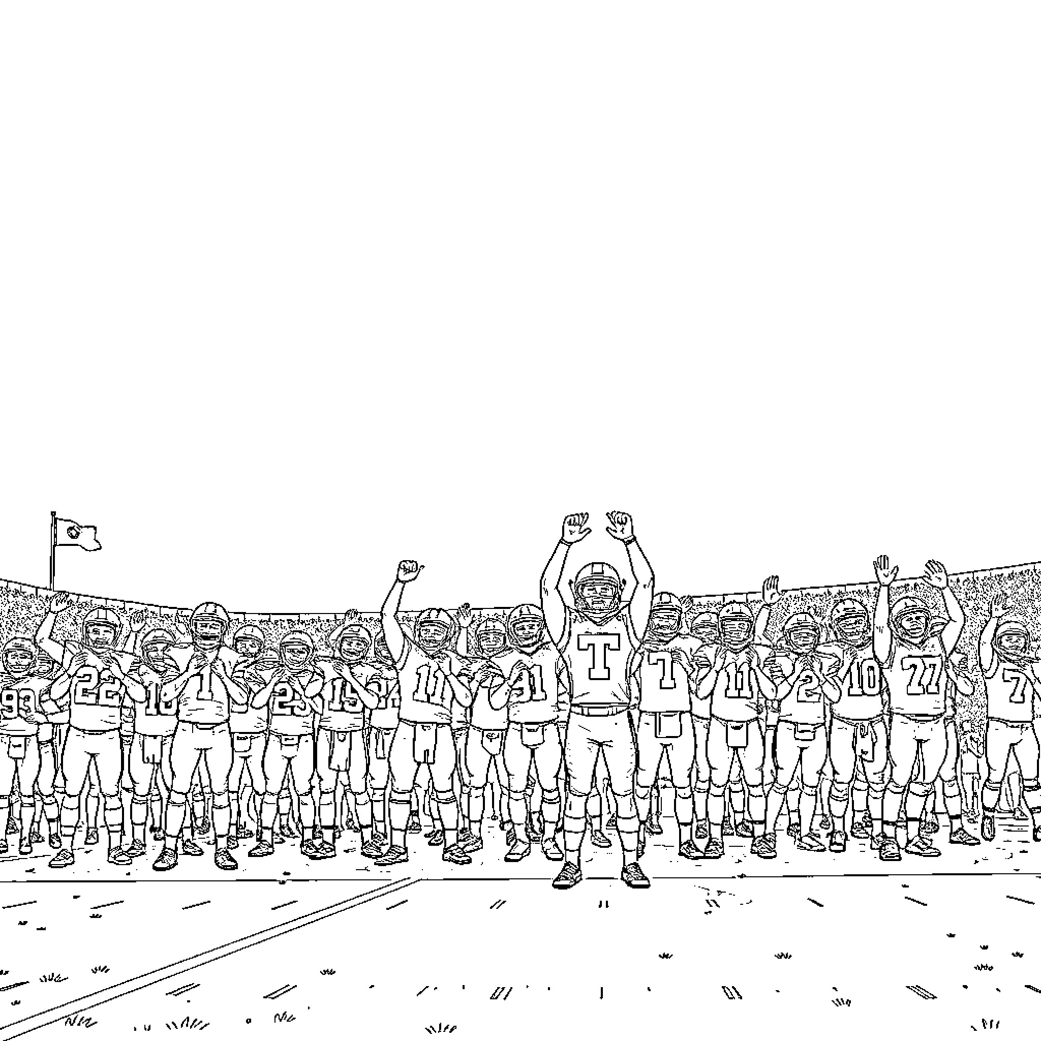 Tennessee Volunteers celebrate victory on the field Coloring Page (free black-and-white line drawing printable PDF for all, from beginners to advanced learners, including children, teens, adults, and seniors)