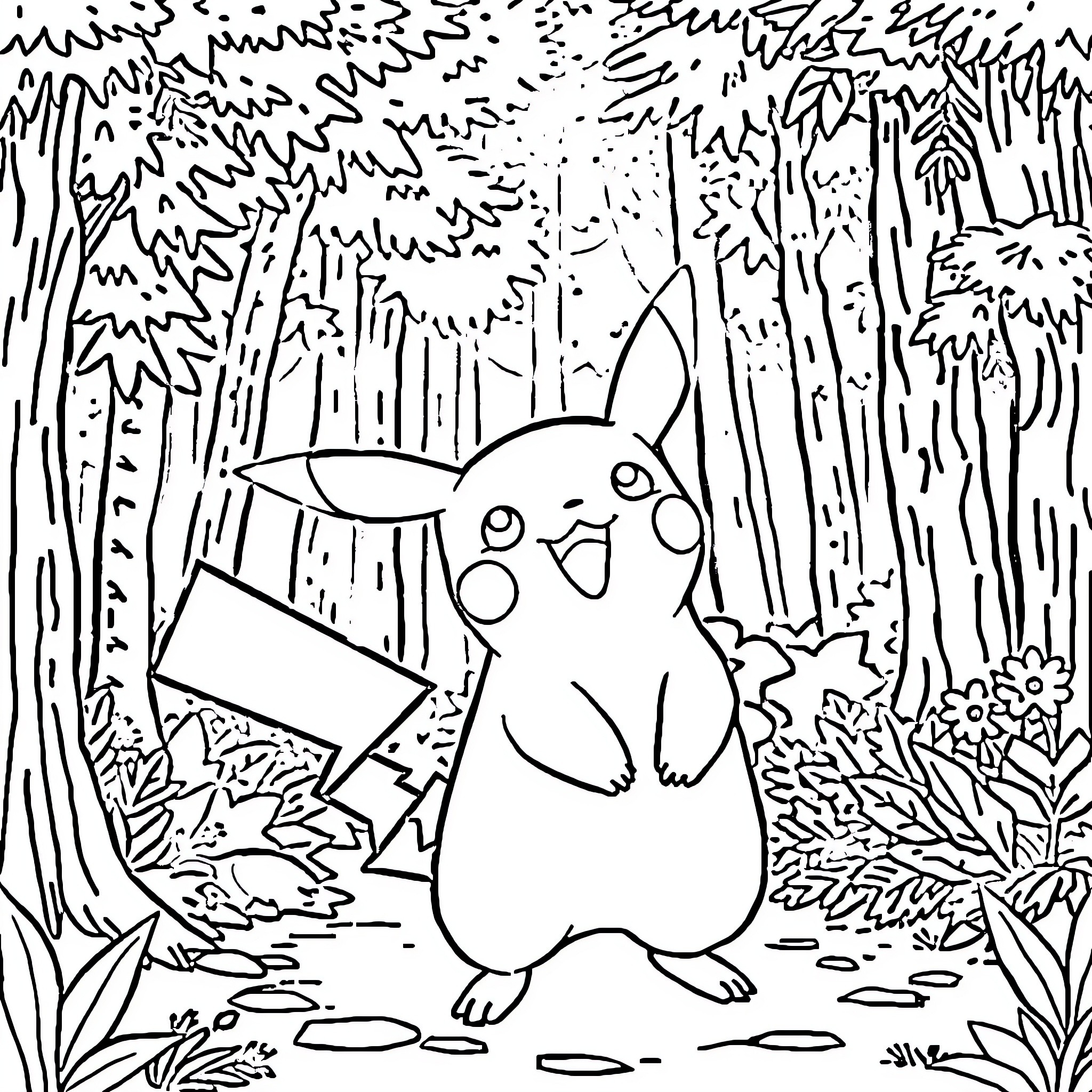 Pikachu enjoying the forest scenery Coloring Page (free black-and-white line drawing printable PDF for all, from beginners to advanced learners, including children, teens, adults, and seniors)