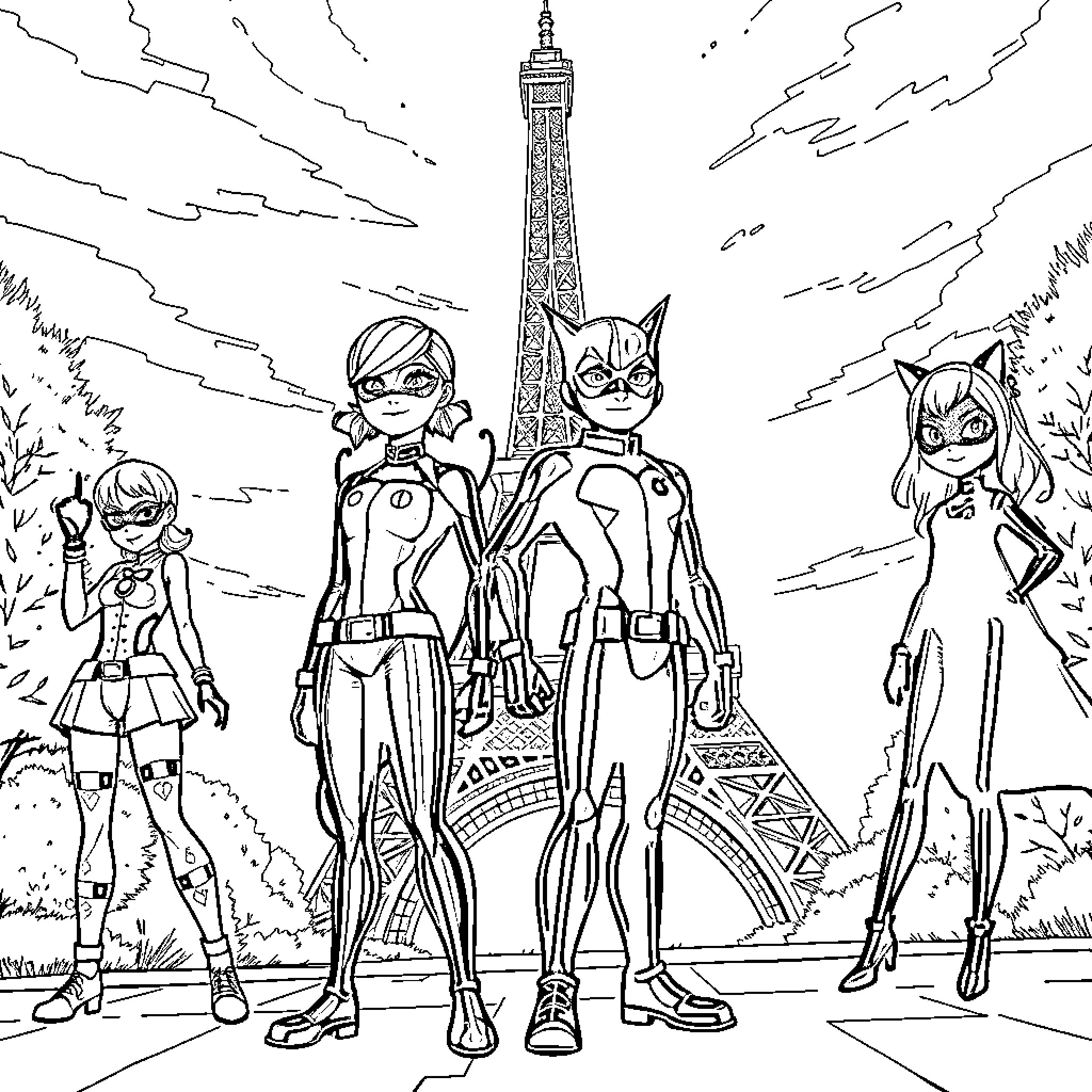 Kpop Heroes Explore Parisian Landmarks Coloring Page (free black-and-white line drawing printable PDF for all, from beginners to advanced learners, including children, teens, adults, and seniors)