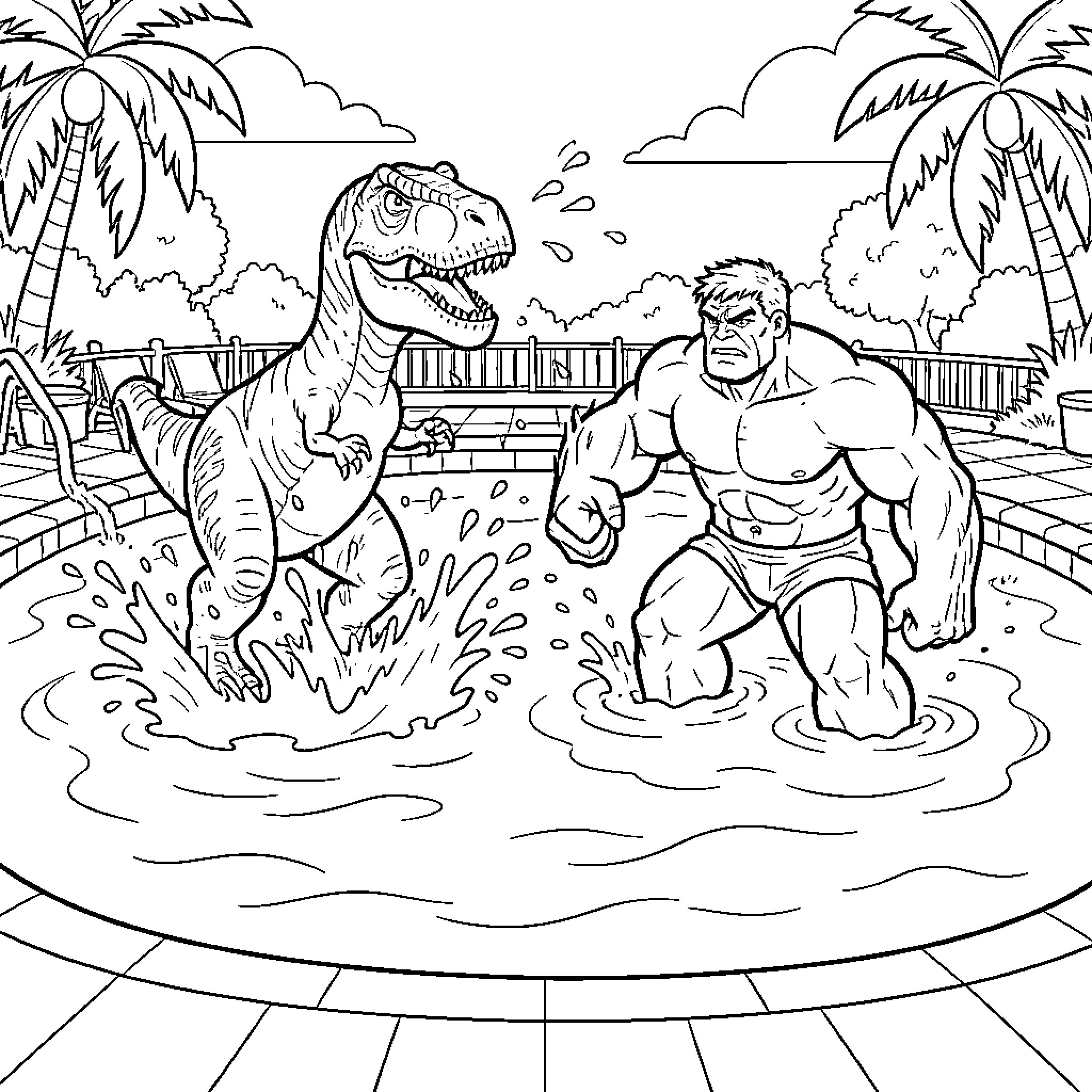 T-Rex and a muscular man splashing in a pool Coloring Page (free black-and-white line drawing printable PDF for all, from beginners to advanced learners, including children, teens, adults, and seniors)