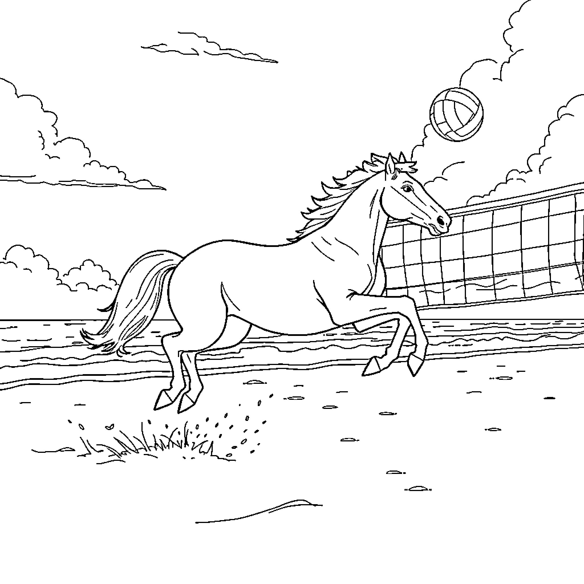 Horse galloping on the beach with a volleyball Coloring Page (free black-and-white line drawing printable PDF for all, from beginners to advanced learners, including children, teens, adults, and seniors)