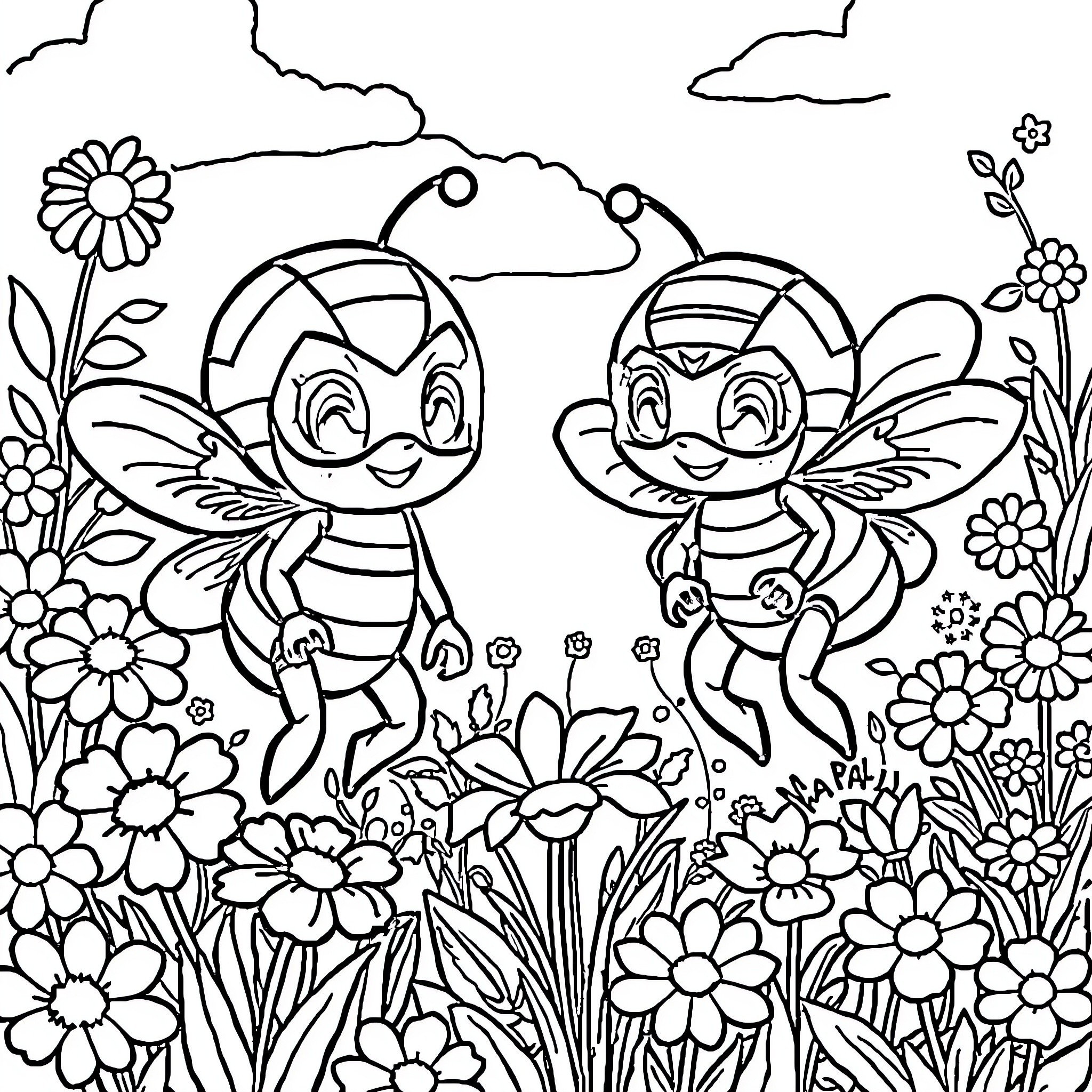Bees frolicking in a colorful floral meadow Coloring Page (free black-and-white line drawing printable PDF for all, from beginners to advanced learners, including children, teens, adults, and seniors)