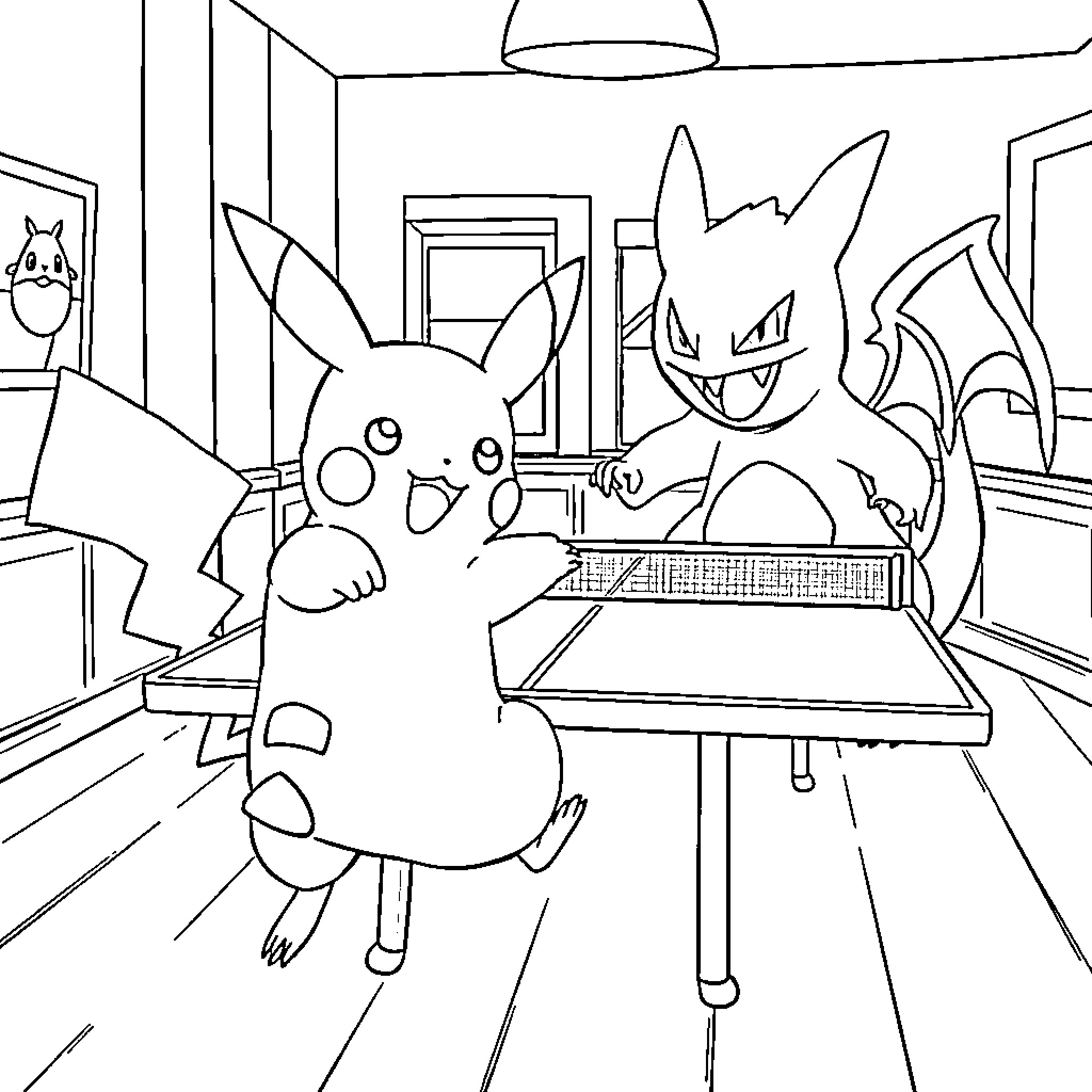 Pikachu and Pokemon friends having a video game session Coloring Page (free black-and-white line drawing printable PDF for all, from beginners to advanced learners, including children, teens, adults, and seniors)