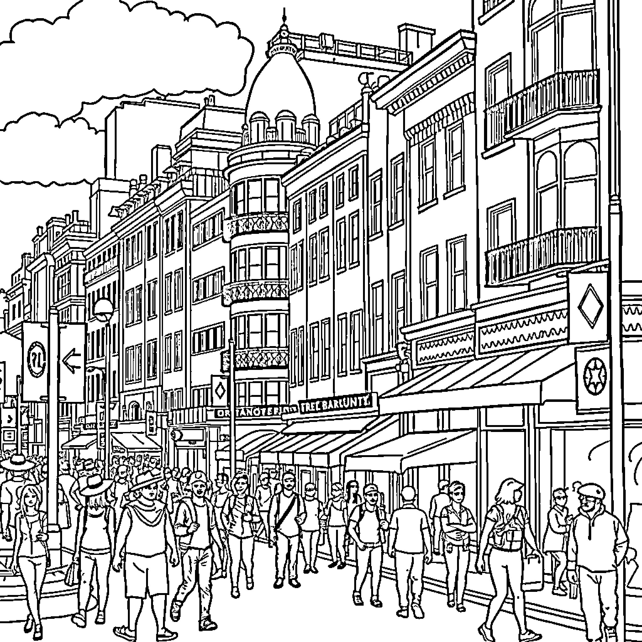 City street filled with bustling crowds and diverse architecture Coloring Page (free black-and-white line drawing printable PDF for all, from beginners to advanced learners, including children, teens, adults, and seniors)