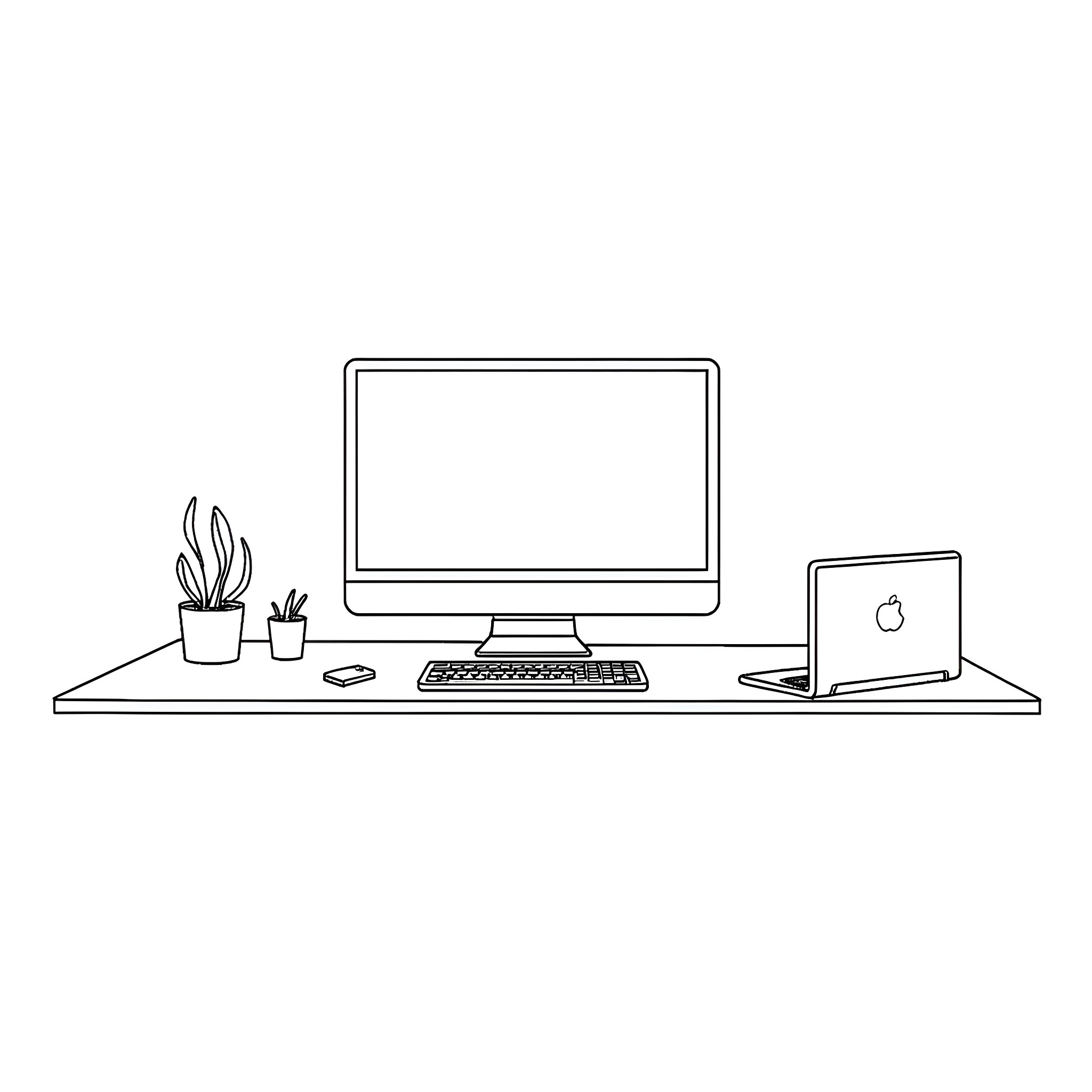 Computer Workspace with Desk and Electronics Coloring Page (free black-and-white line drawing printable PDF for all, from beginners to advanced learners, including children, teens, adults, and seniors)