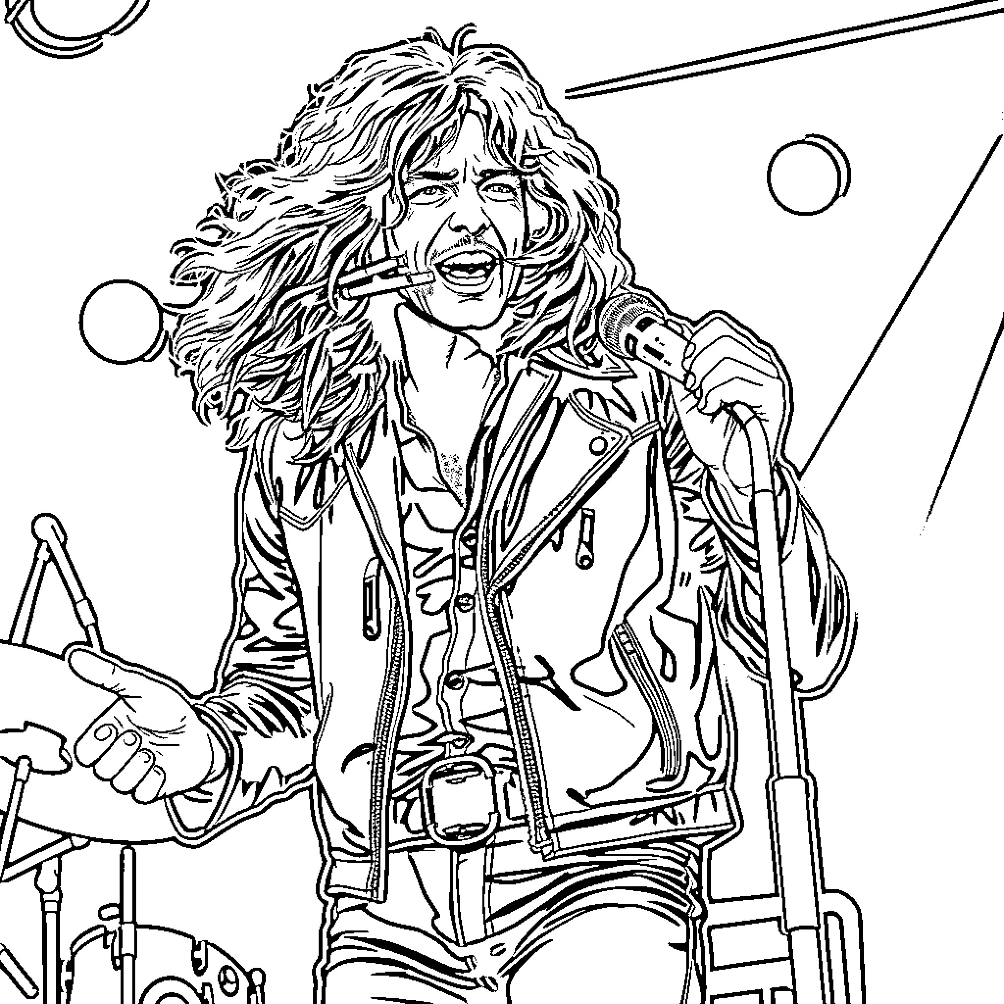 Jim Morrison performing on stage with intense expression Coloring Page (free black-and-white line drawing printable PDF for all, from beginners to advanced learners, including children, teens, adults, and seniors)