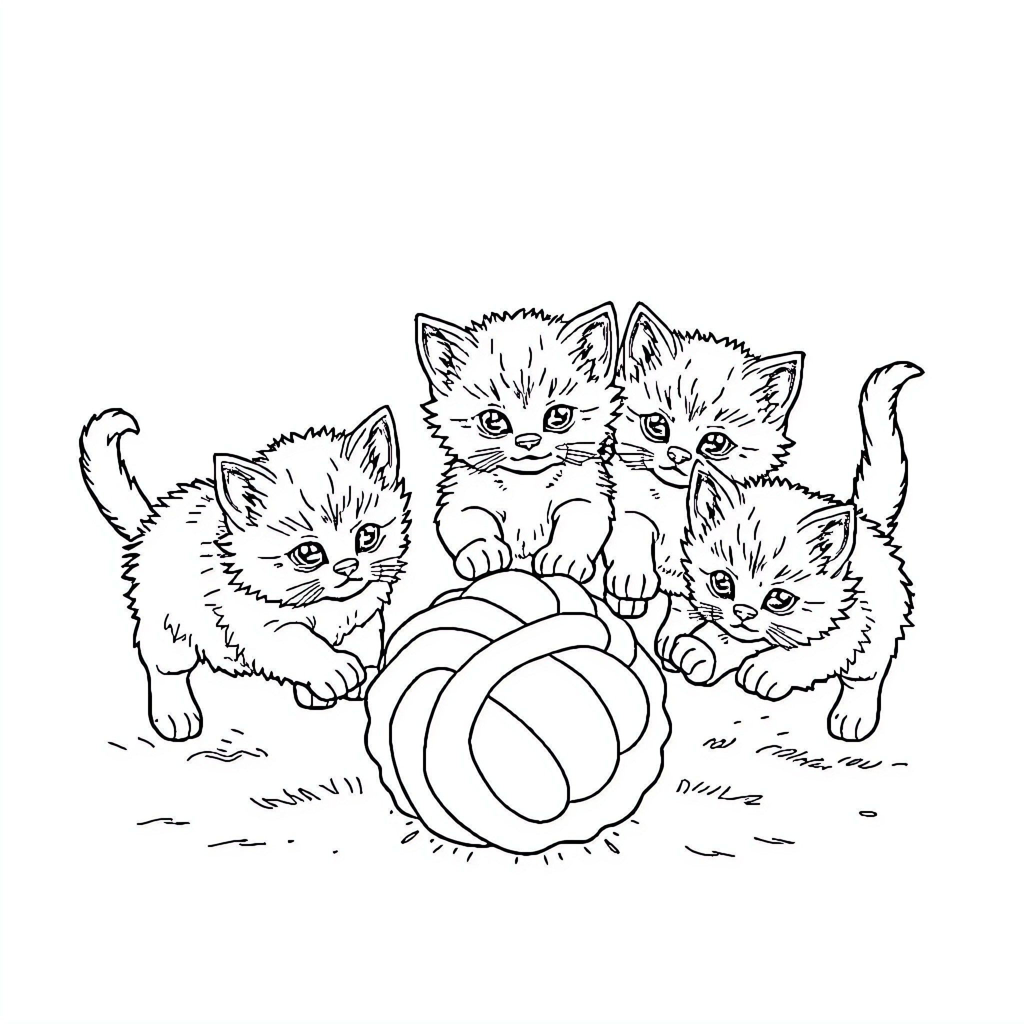 Kittens playing with a ball of yarn Coloring Page (free black-and-white line drawing printable PDF for all, from beginners to advanced learners, including children, teens, adults, and seniors)