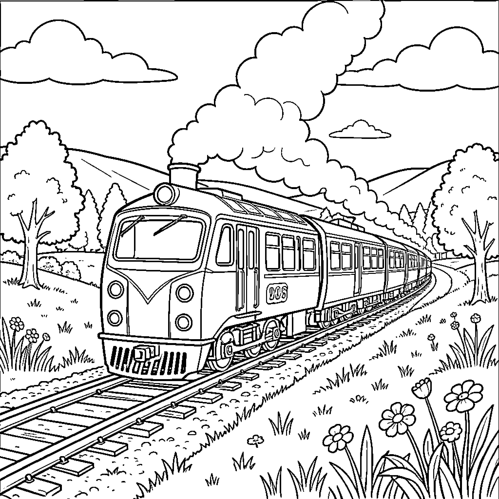 Train traveling through a beautiful landscape with trees Coloring Page (free black-and-white line drawing printable PDF for all, from beginners to advanced learners, including children, teens, adults, and seniors)
