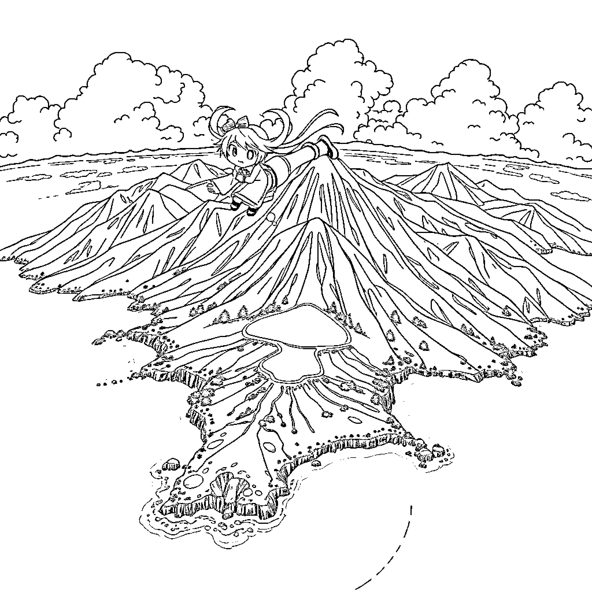 Miku exploring a fantastical mountainous landscape Coloring Page (free black-and-white line drawing printable PDF for all, from beginners to advanced learners, including children, teens, adults, and seniors)