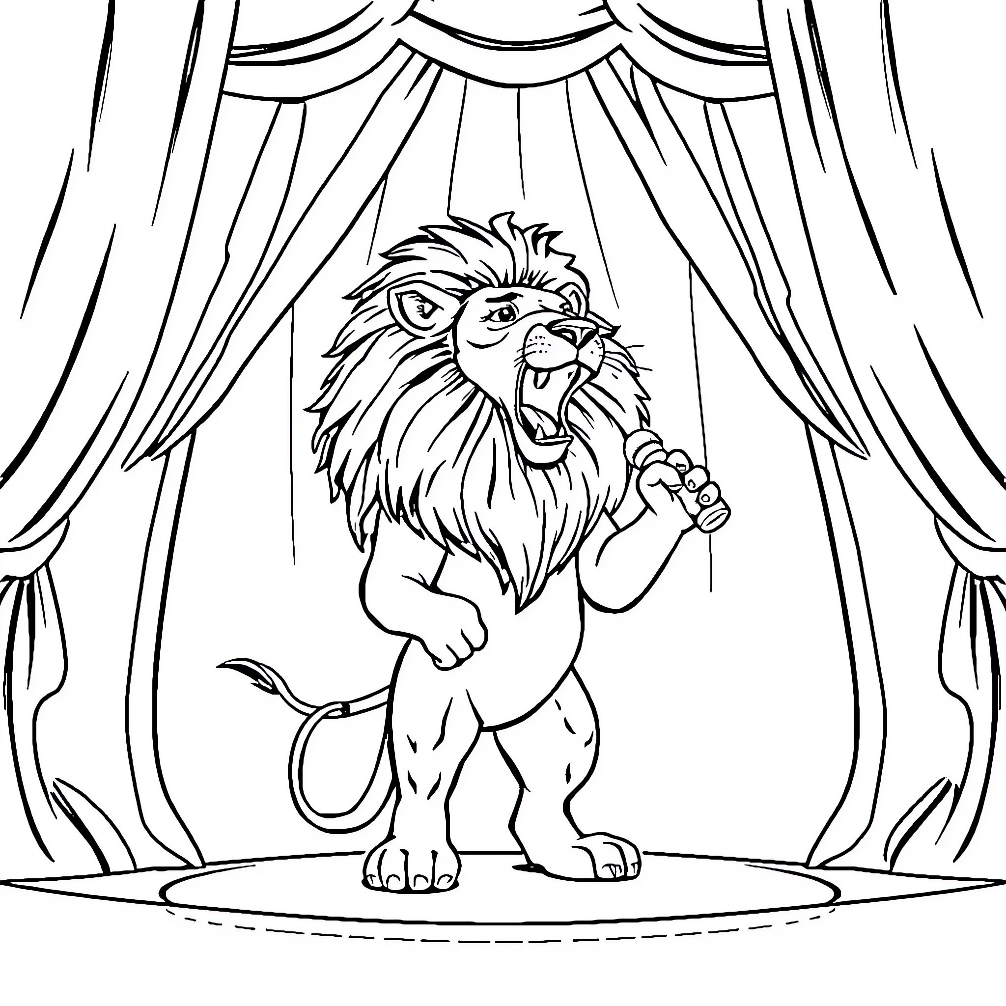 Lion roaring on stage with curtains Coloring Page (free black-and-white line drawing printable PDF for all, from beginners to advanced learners, including children, teens, adults, and seniors)