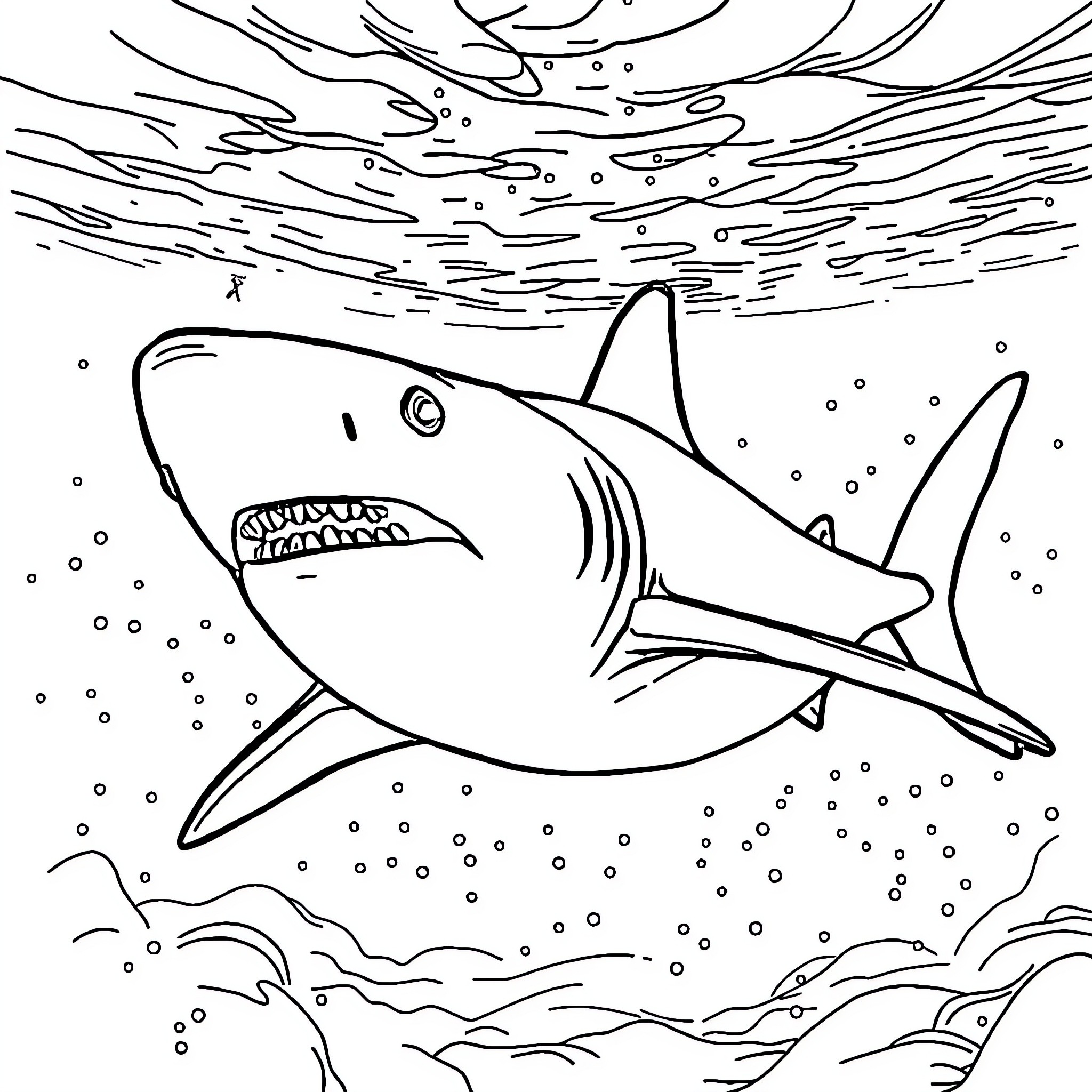 Shark swimming in the ocean Coloring Page (free black-and-white line drawing printable PDF for all, from beginners to advanced learners, including children, teens, adults, and seniors)