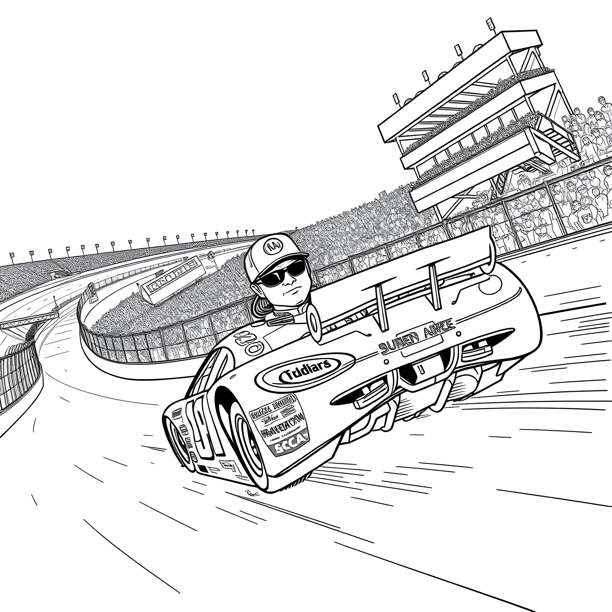 Dale Earnhardt racing at high speed on the track Coloring Page (free black-and-white line drawing printable PDF for all, from beginners to advanced learners, including children, teens, adults, and seniors)
