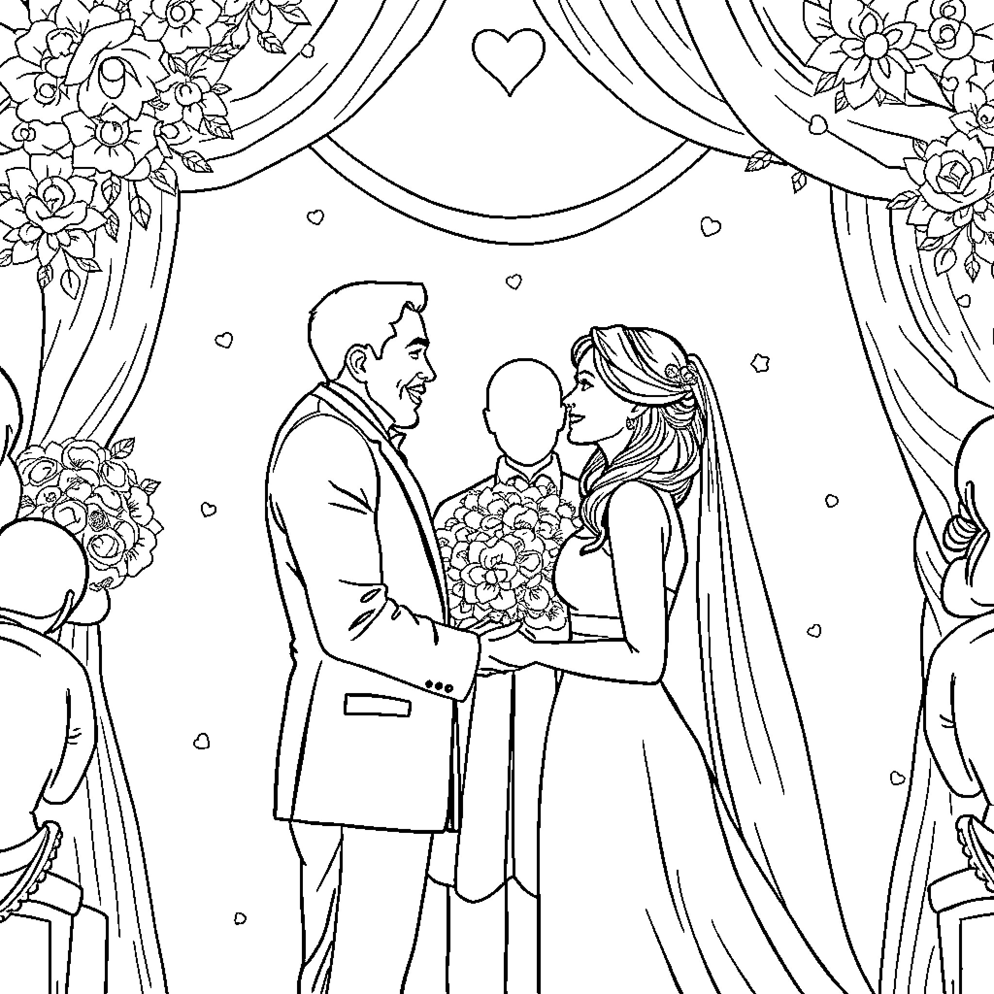 Marriage Ceremony with Floral Decor and Embracing Couple Coloring Page (free black-and-white line drawing printable PDF for all, from beginners to advanced learners, including children, teens, adults, and seniors)