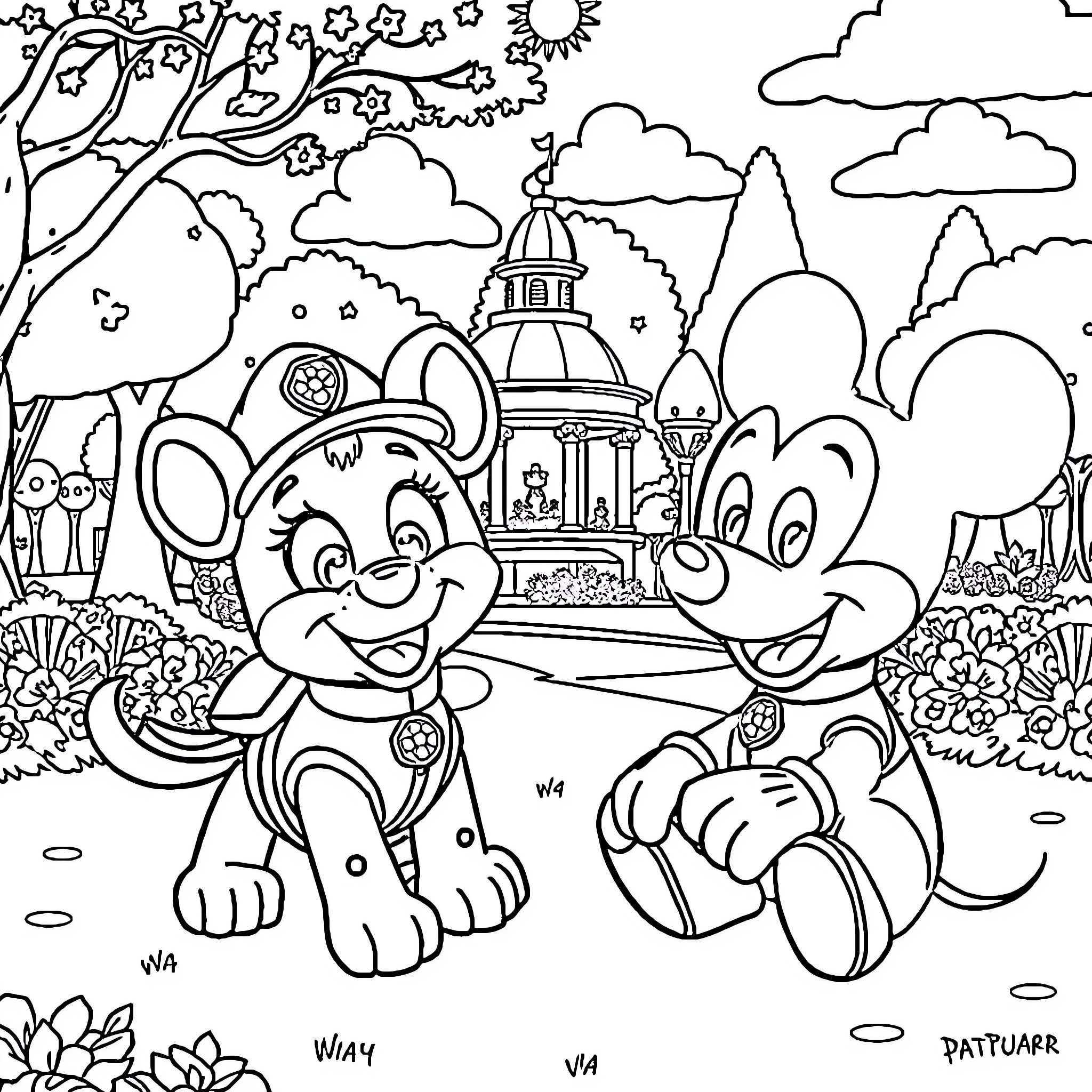Paw Patrol characters exploring a colorful town Coloring Page (free black-and-white line drawing printable PDF for all, from beginners to advanced learners, including children, teens, adults, and seniors)