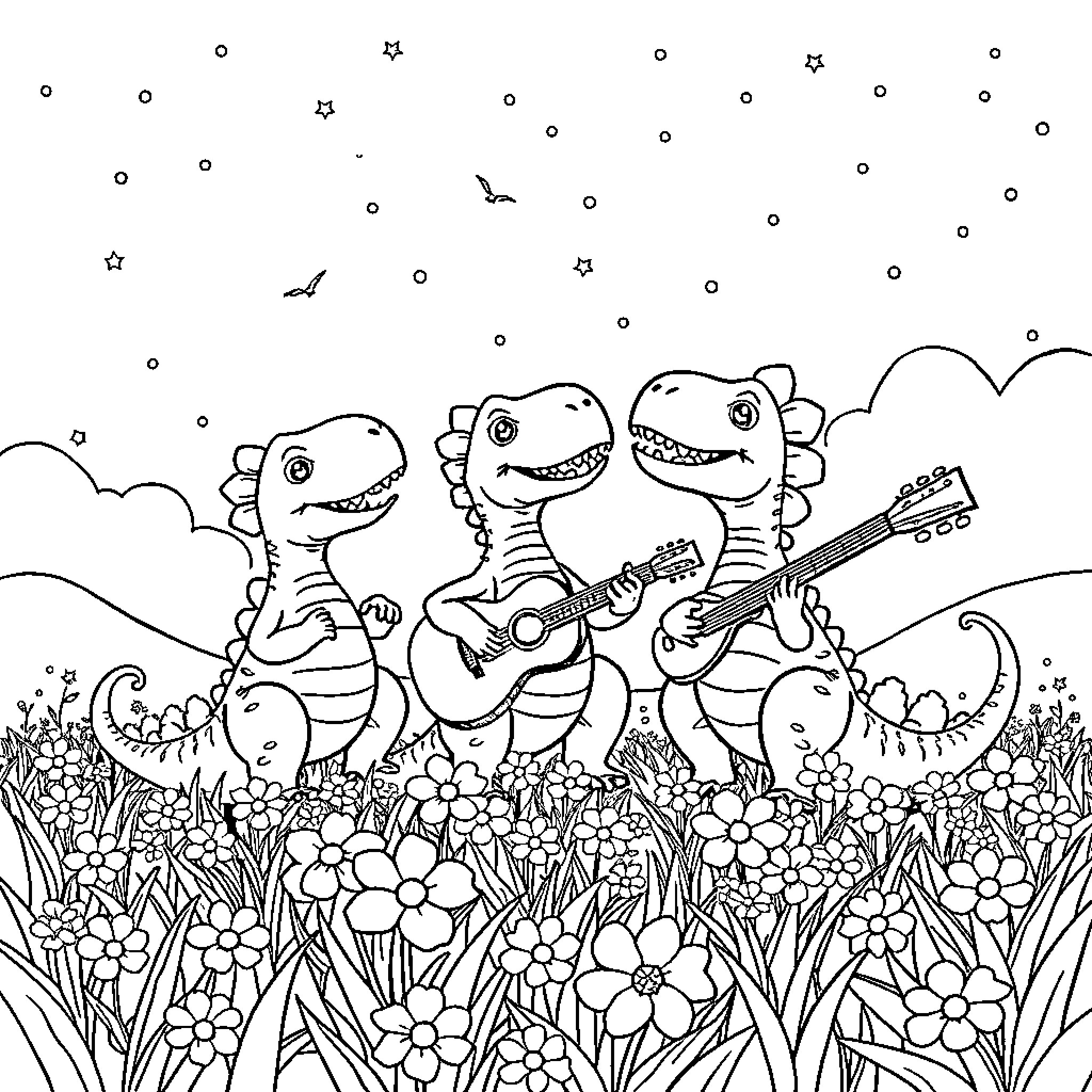 Dinosaurs playing music in a starry meadow Coloring Page (free black-and-white line drawing printable PDF for all, from beginners to advanced learners, including children, teens, adults, and seniors)